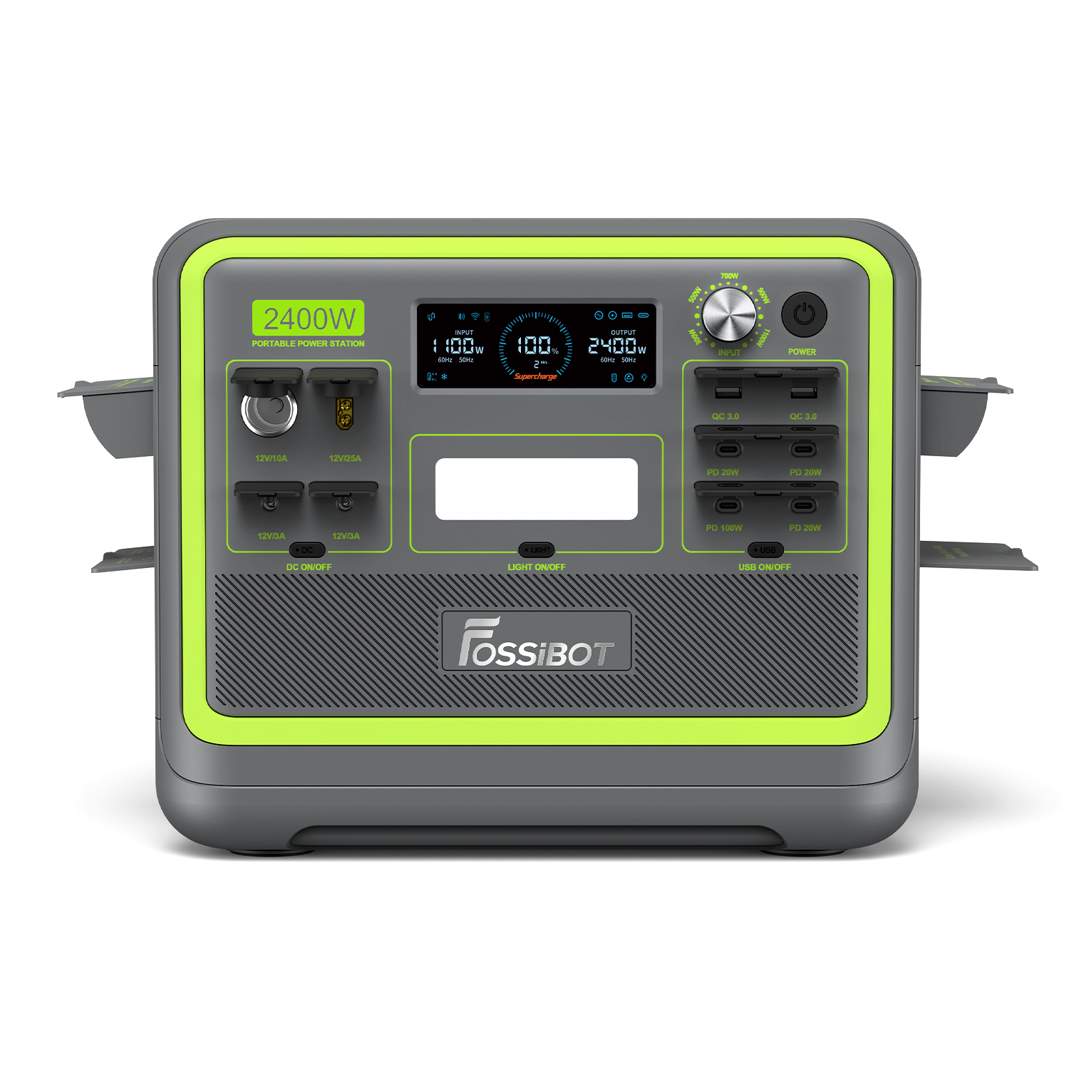 Estación de energía portátil gris con acentos verdes, 2400W, pantalla LCD y puertos.