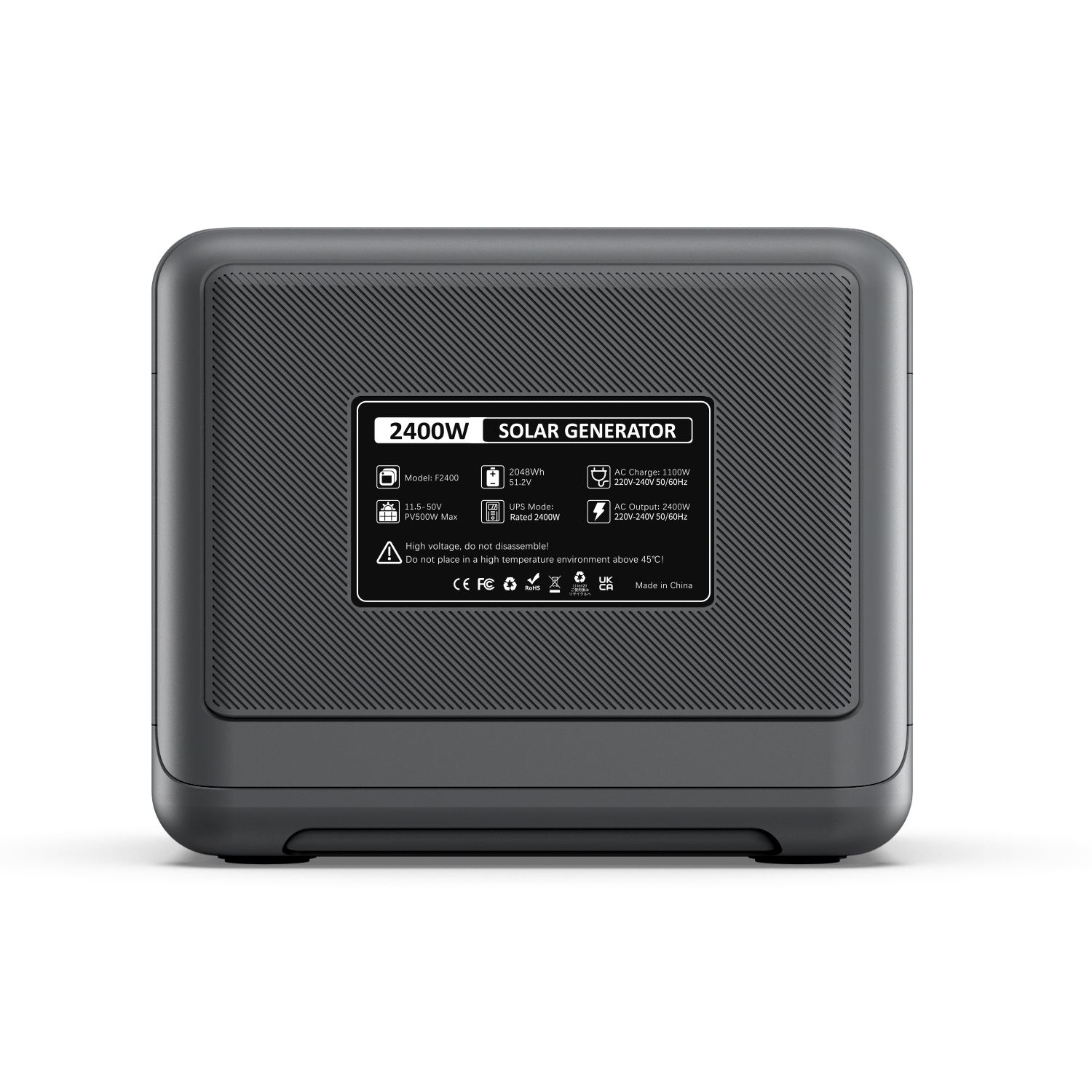 Generador solar gris oscuro de 2400W con superficie texturizada y especificaciones.