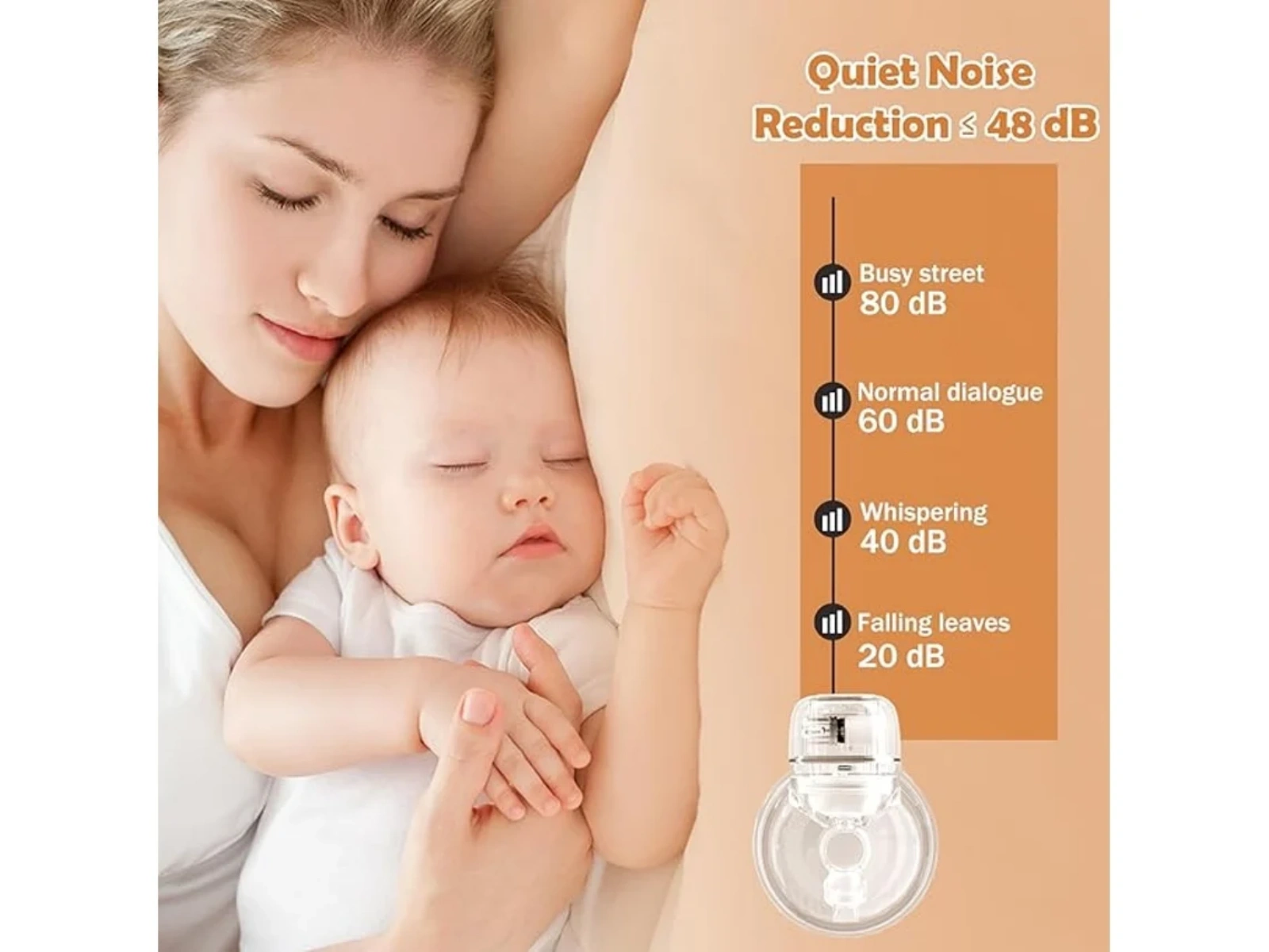 Mutter und schlafendes Baby neben Lautstärkeskala für Geräuschreduzierung.