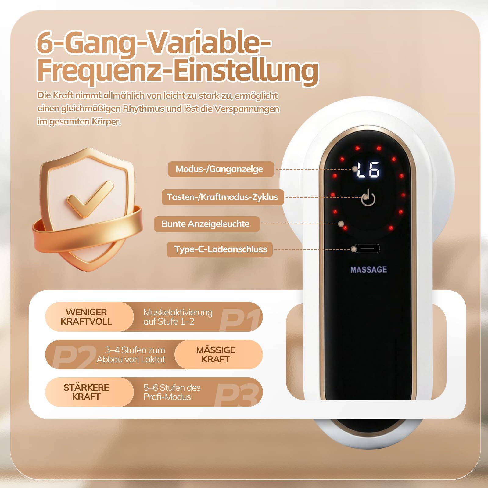 Massagegerät mit 6 Gängen, Anzeige L6, Ladeanschluss und verschiedenen Modi.