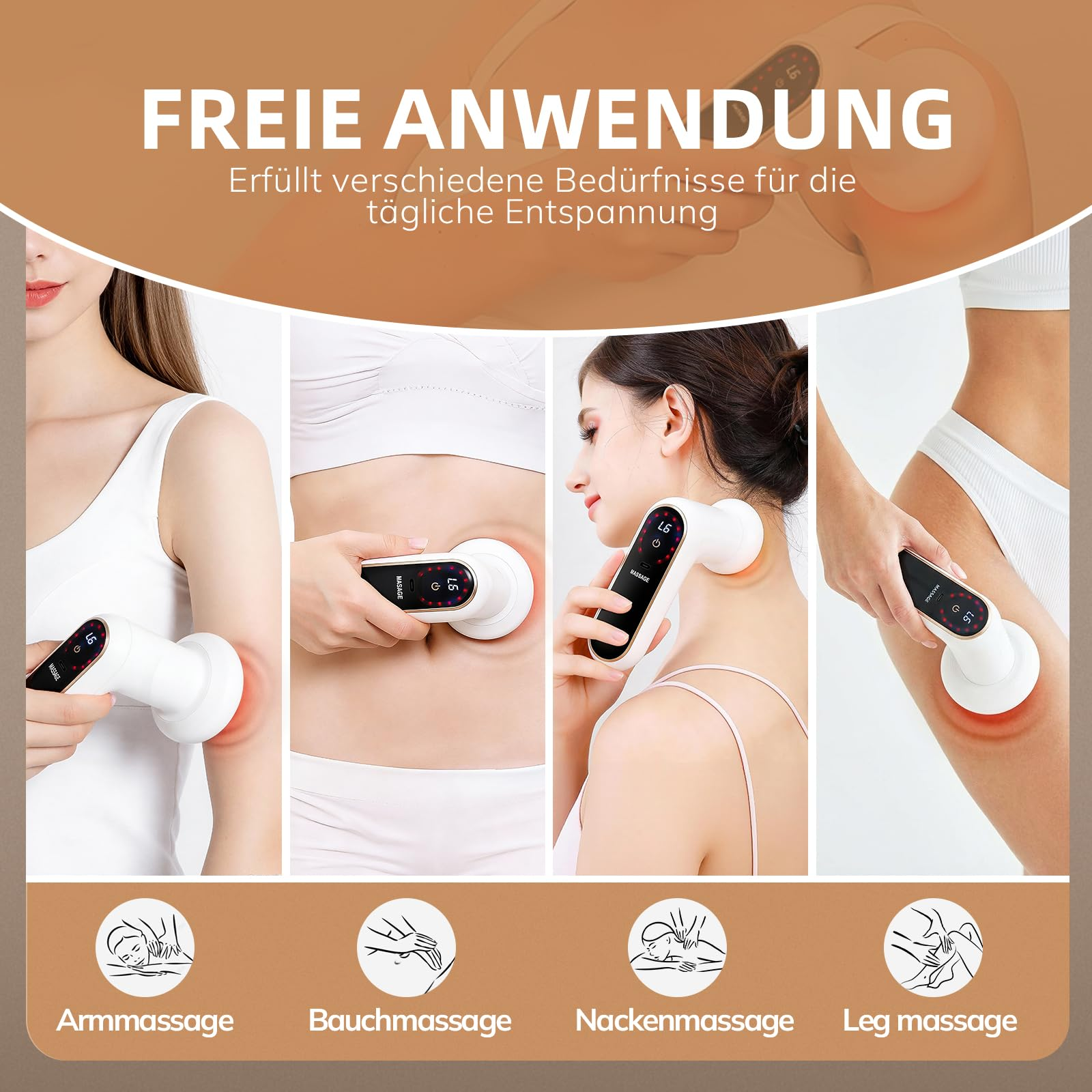 Vier Panels zeigen Massagegeräte an Arm, Bauch, Nacken und Bein.