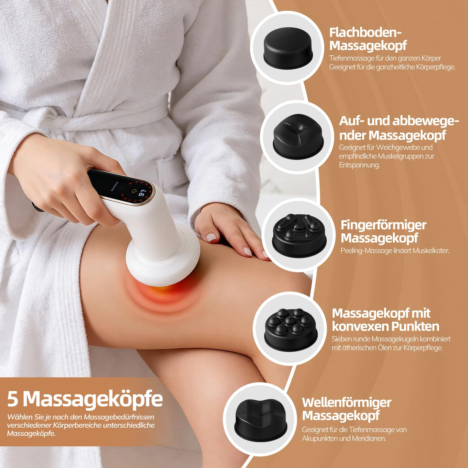 Eine Person trägt einen weißen Bademantel und benutzt ein Massagegerät am Bein.