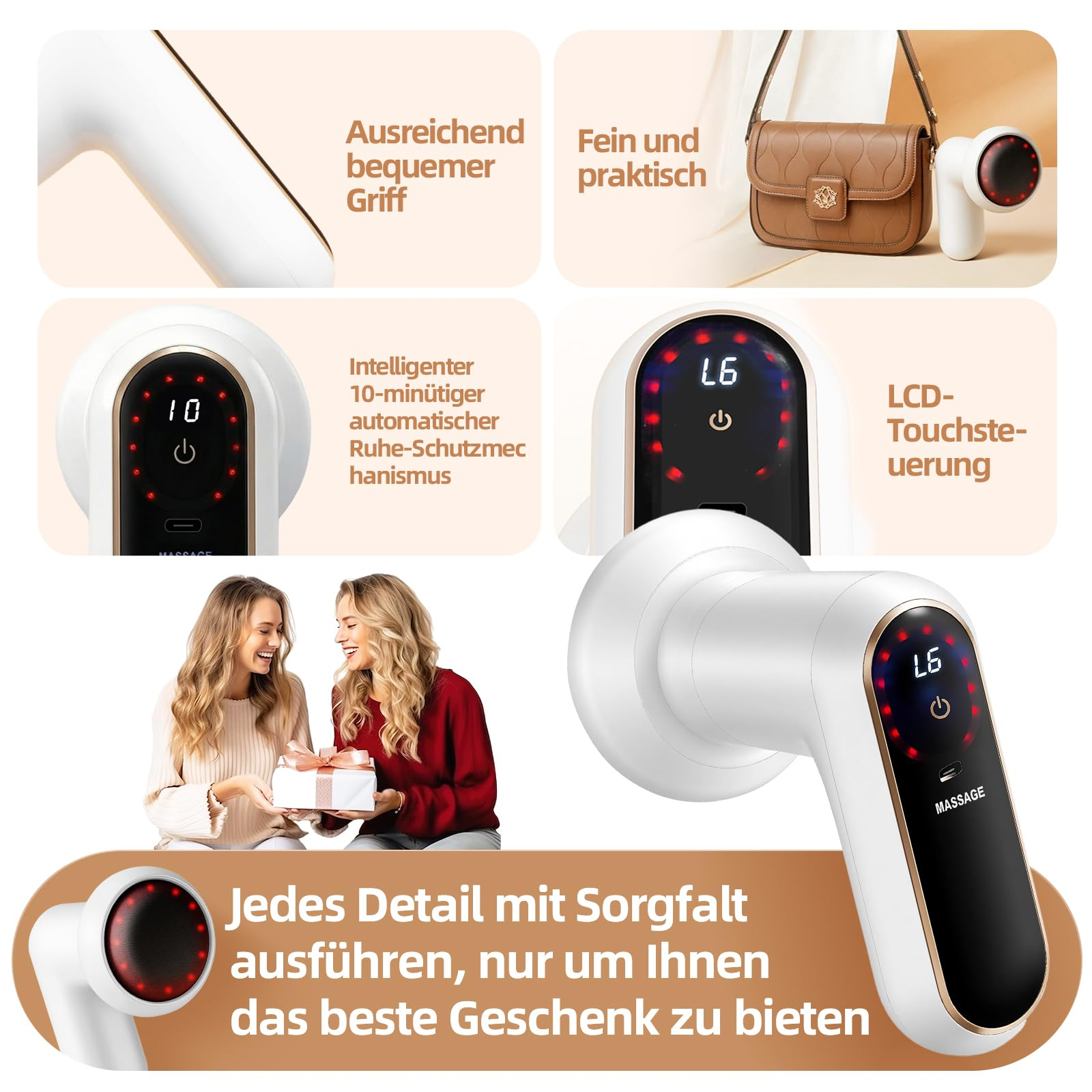 Ein Massagegerät mit LCD-Anzeige, zwei Frauen, die ein Geschenk erhalten.