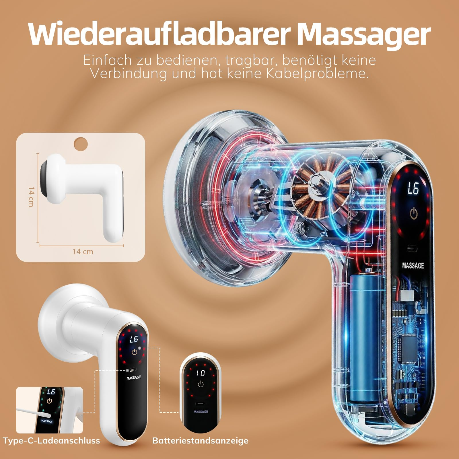 Wiederaufladbarer Massager mit transparentem Gehäuse, zeigt Motor und Batterie.