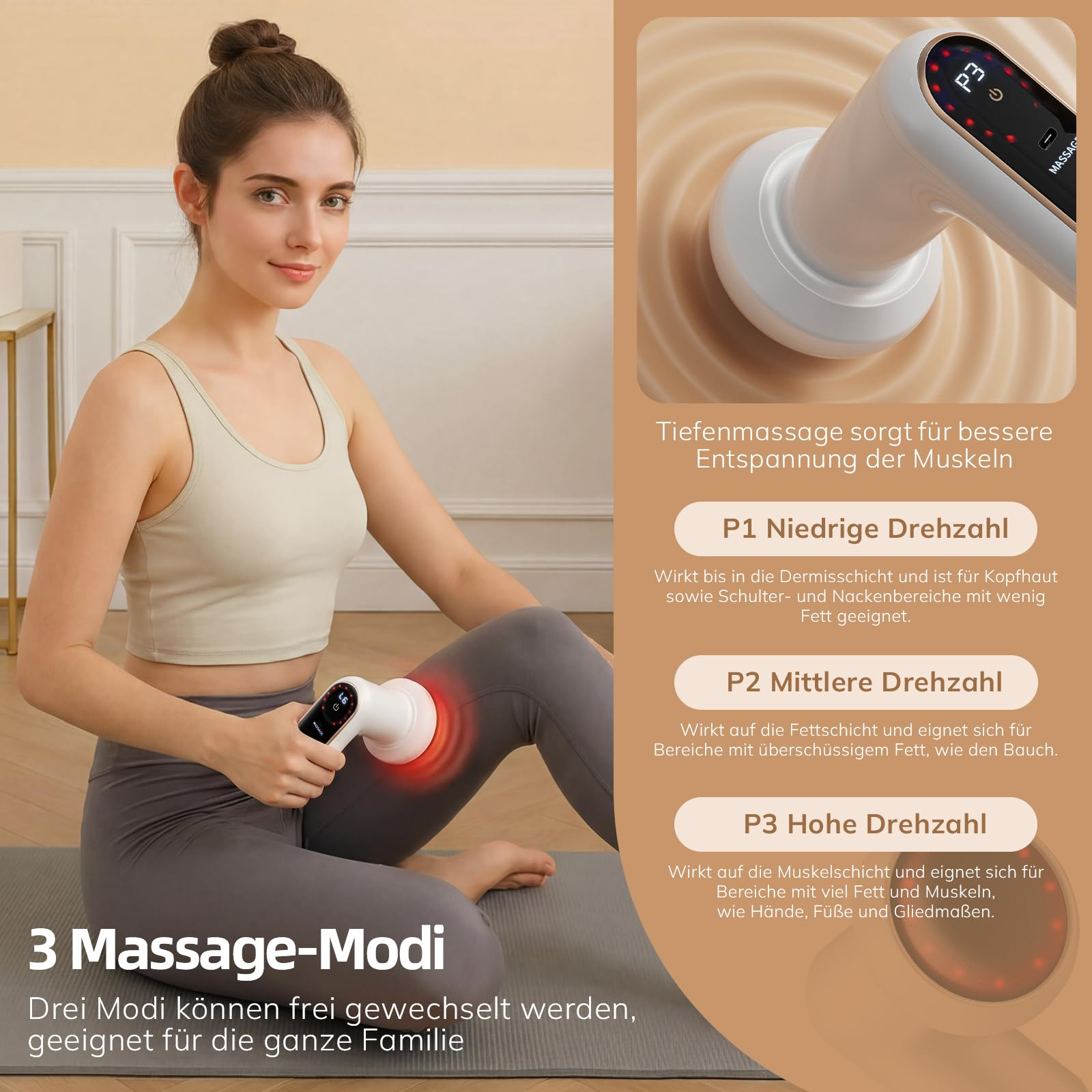 Frau mit Massagegerät am Bein, 3 Modi erklärt: Niedrig, Mittel, Hoch.