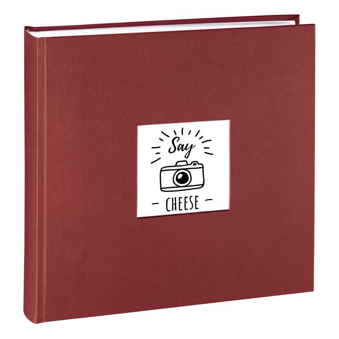Czerwony album na zdjęcia z napisem "Say Cheese" i ilustracją aparatu.