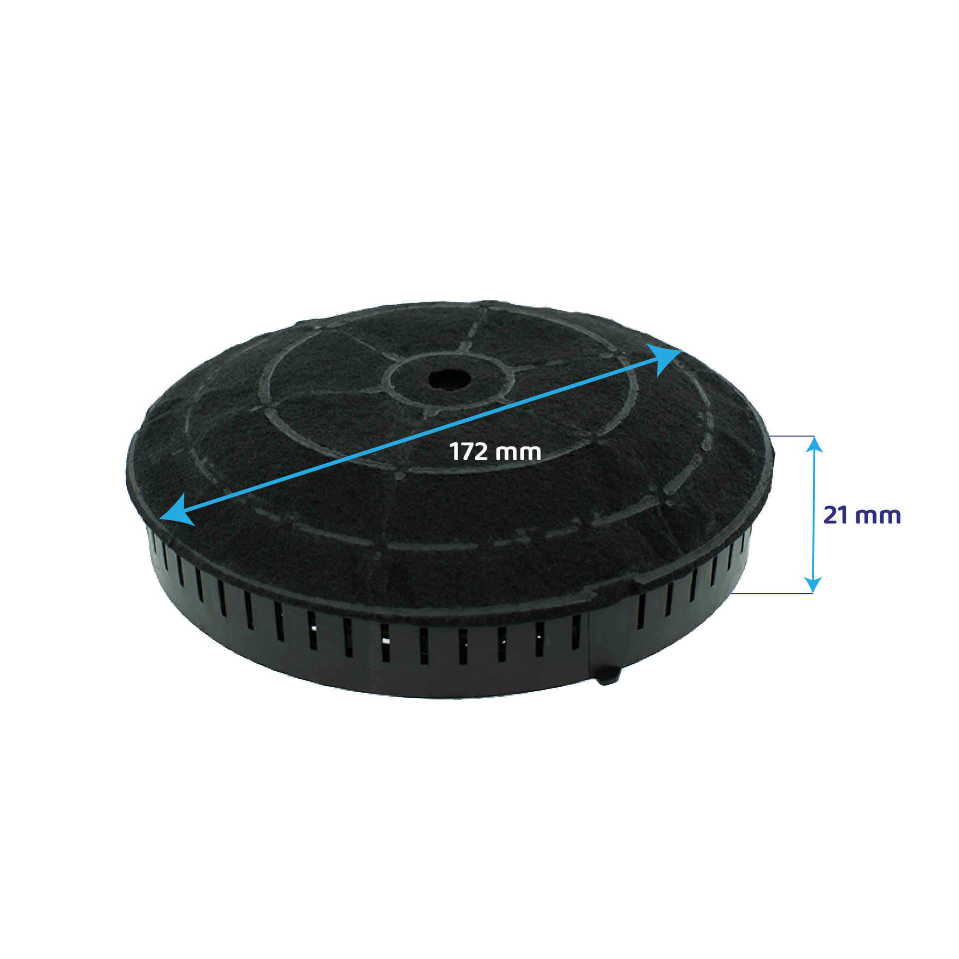 Un filtro rotondo a carboni attivi nero, dimensioni 172 mm e 21 mm.