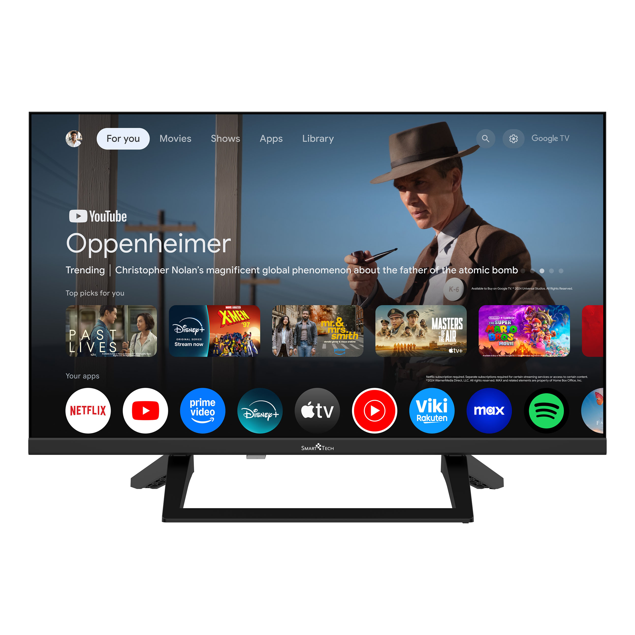 Un televisor inteligente muestra la interfaz de Google TV con películas y aplicaciones como Netflix, YouTube, Disney+.