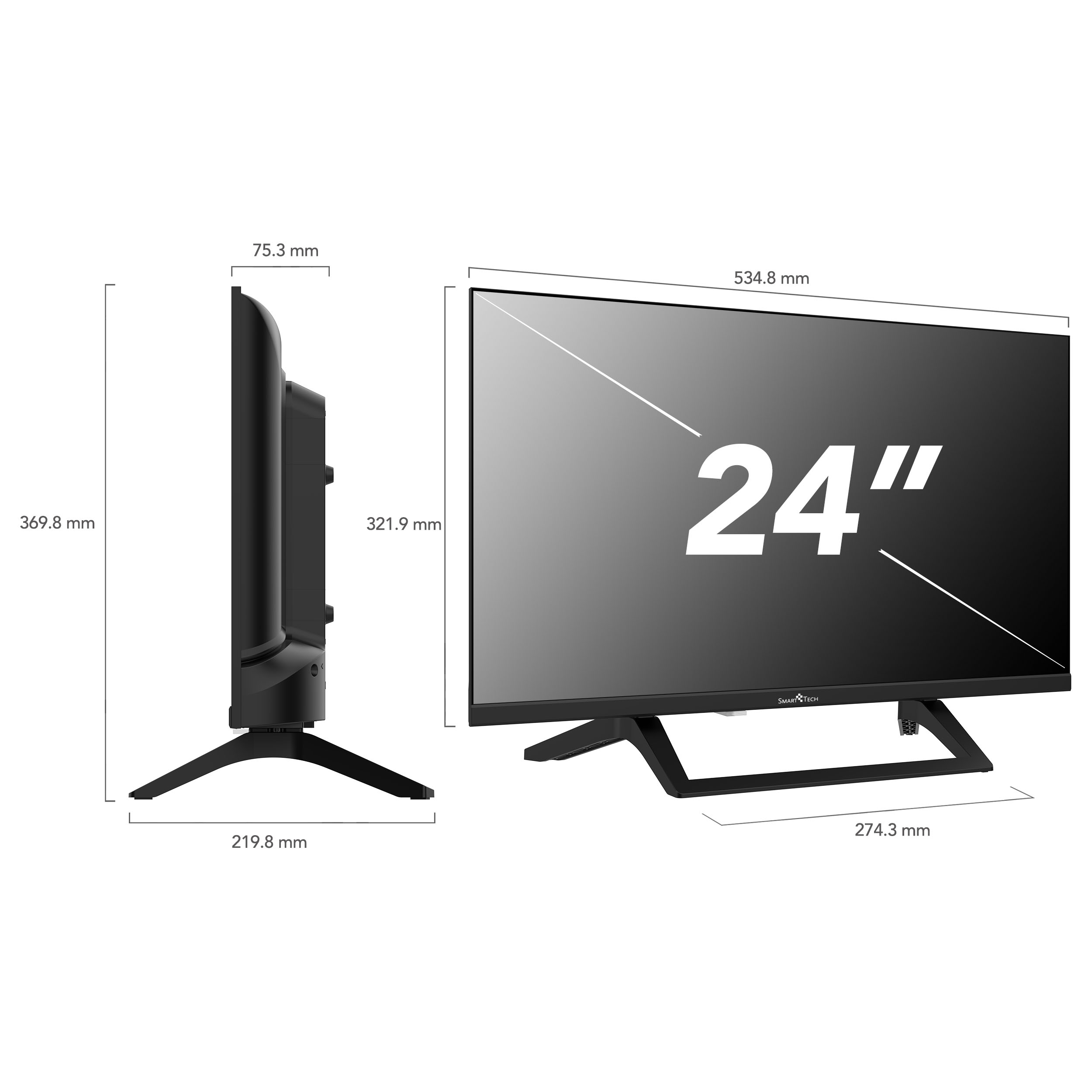 Un televisor de 24 pulgadas con soporte, se muestran las dimensiones.