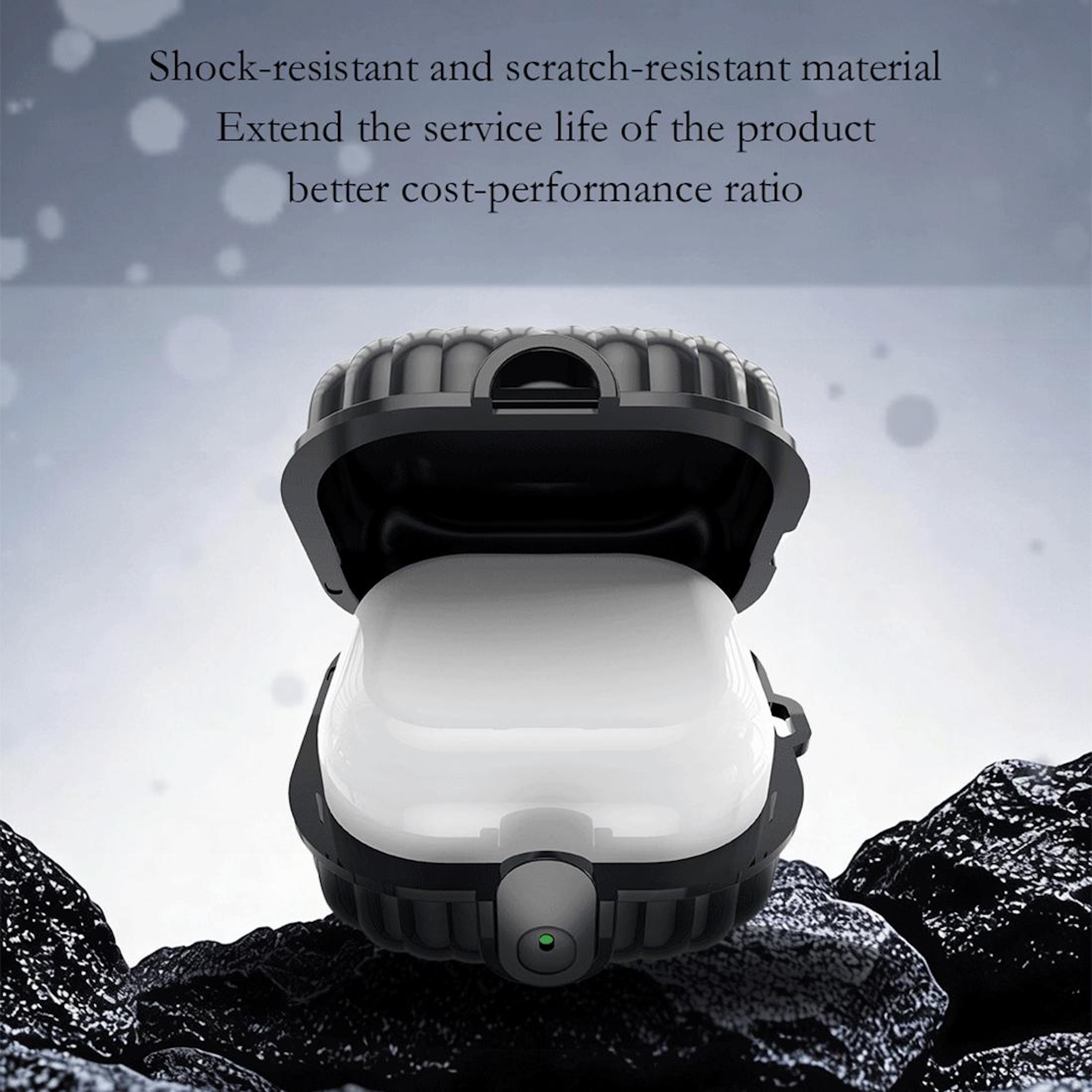 Schwarzes Etui mit weißem Inneren, auf dunklen Felsen. Text über Haltbarkeit.