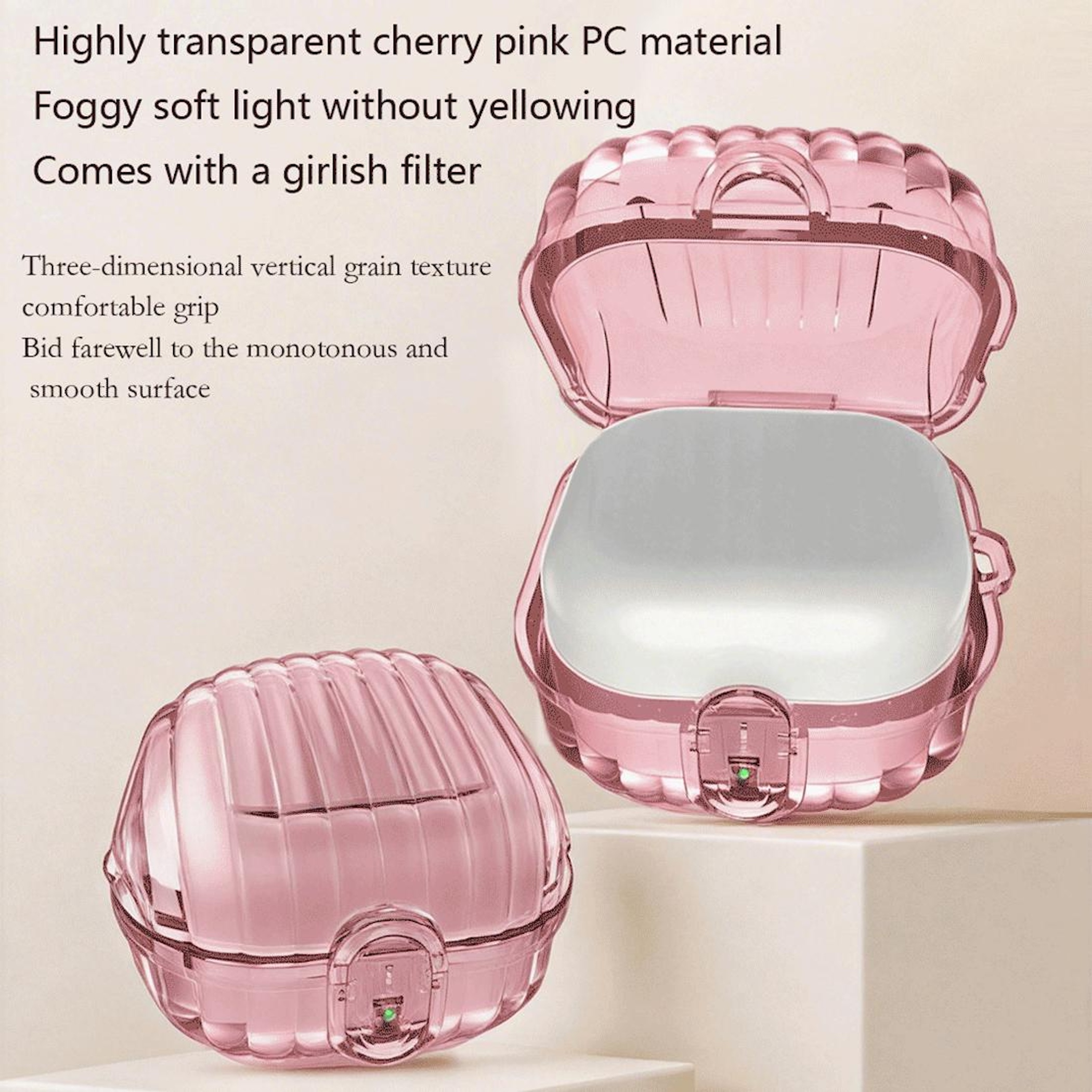 Zwei durchscheinende rosa Schutzhüllen mit Rillenstruktur, eine offen, eine geschlossen.