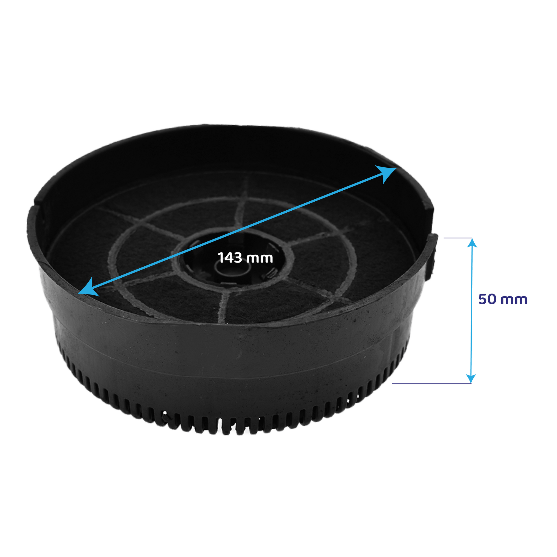 Ein runder, schwarzer Aktivkohlefilter mit Maßen von 143 mm Durchmesser und 50 mm Höhe.