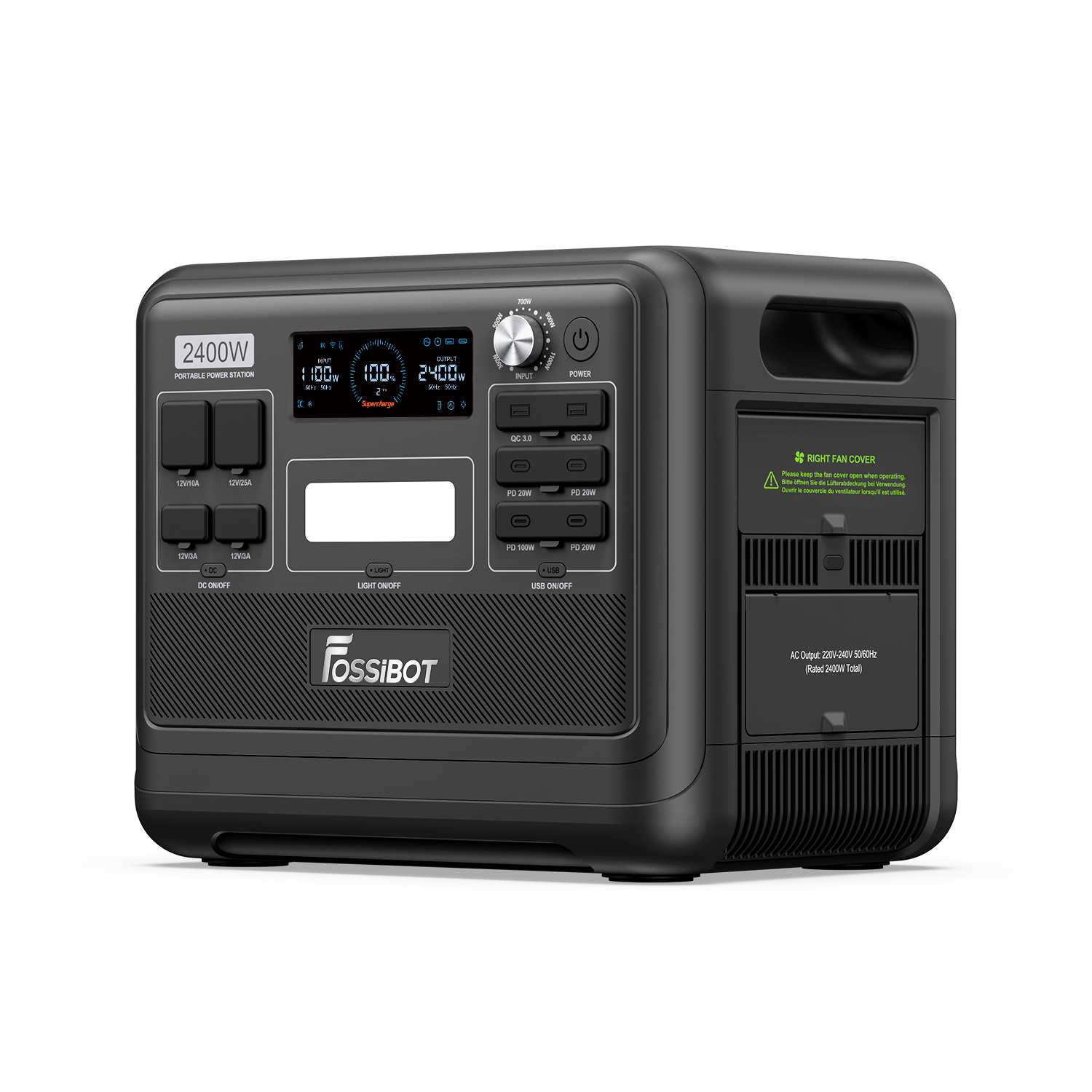 Estación de energía portátil FOSSİBOT negra de 2400W con pantalla digital y puertos.