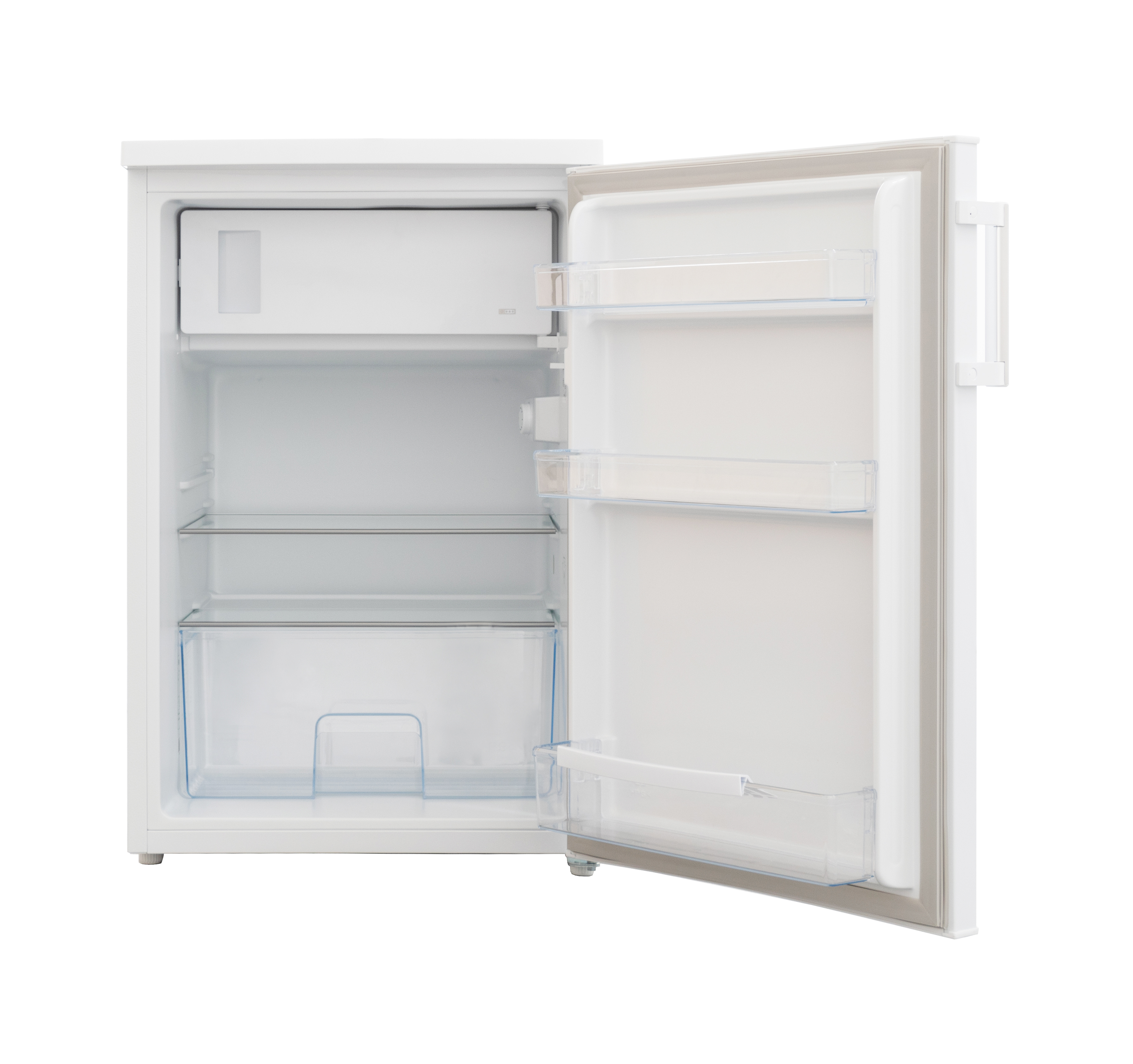 Un frigorifero bianco con la porta aperta, che mostra ripiani vuoti.