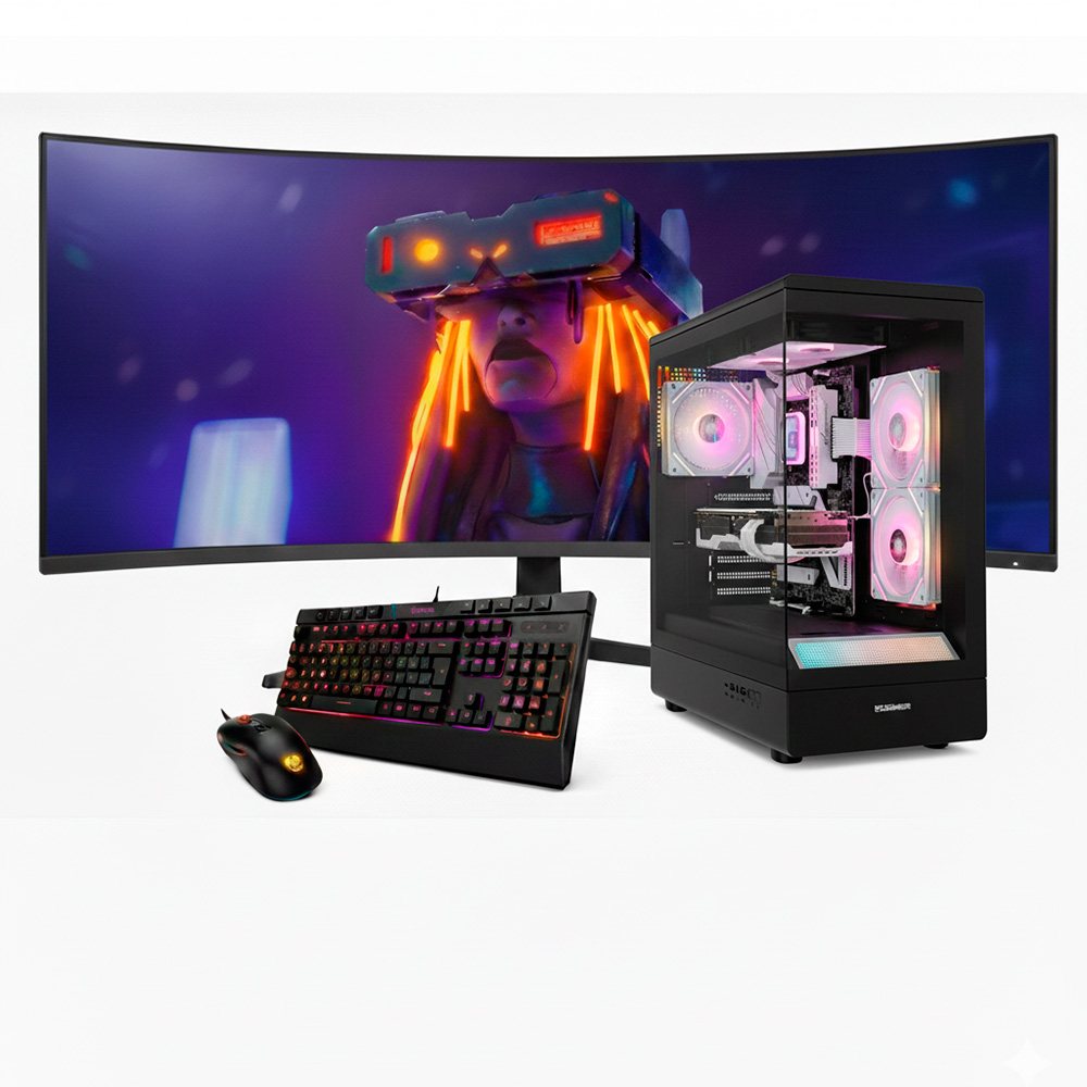 Un monitor curvo muestra una imagen futurista. A su lado, un PC, teclado y ratón.