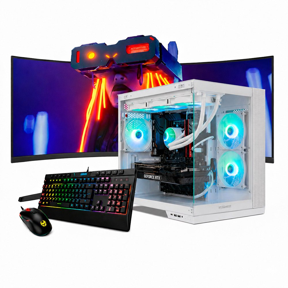 PC para juegos con teclado RGB, ratón, gafas VR y monitor curvo.