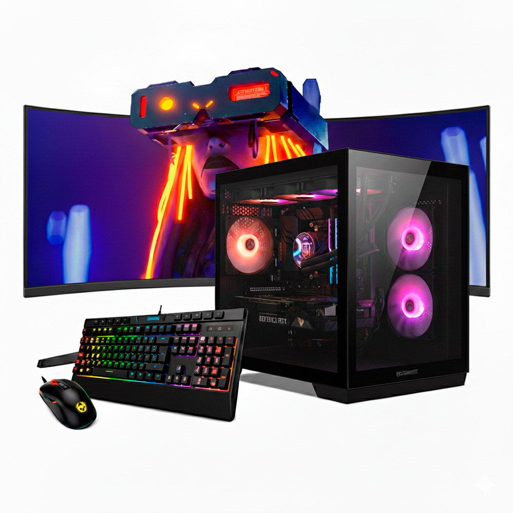PC para juegos con iluminación RGB, teclado, ratón y casco VR en monitor curvo.
