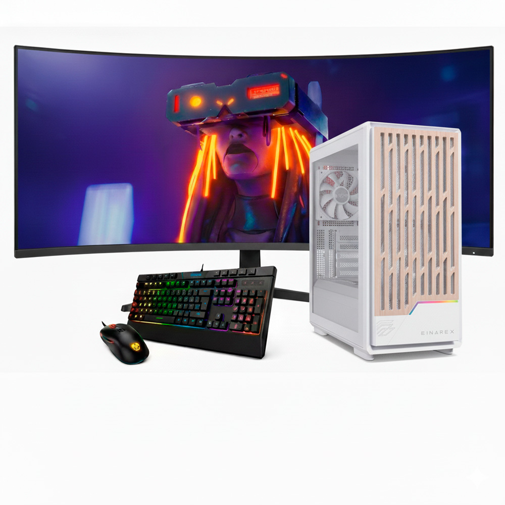 Monitor curvo muestra casco VR, junto a él PC blanco, teclado y ratón.