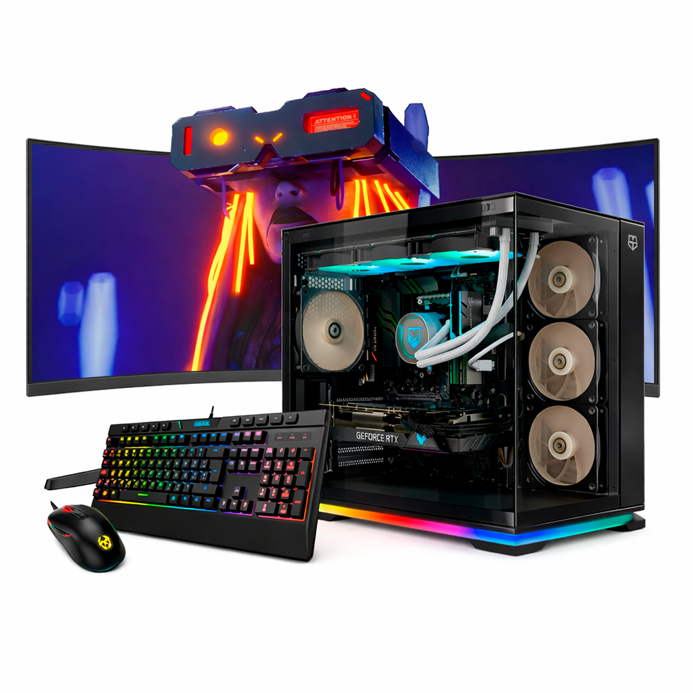 Un PC gaming con caja transparente, teclado RGB, ratón y casco VR en un monitor curvo.