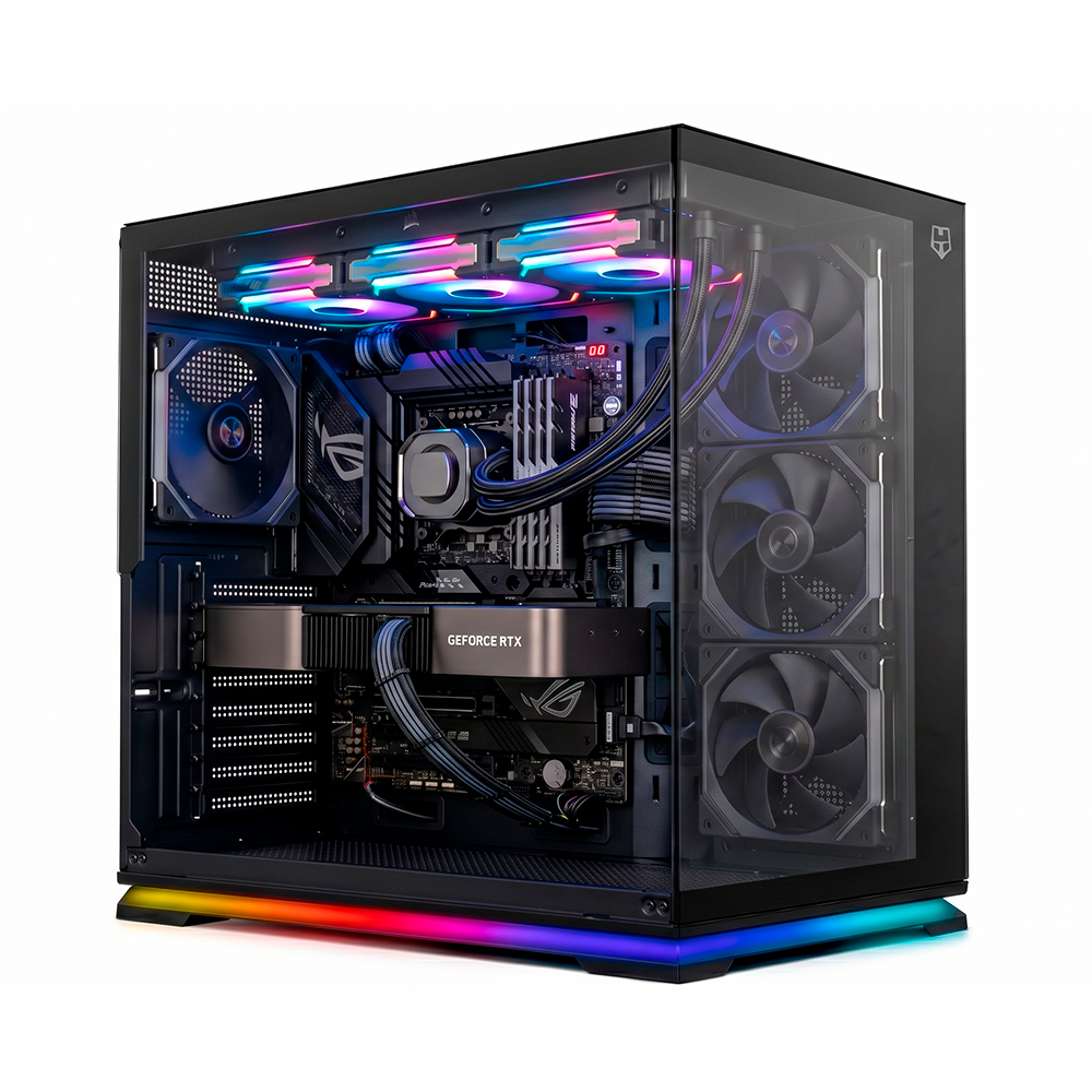 Un PC de alto rendimiento con iluminación RGB, carcasa de cristal y tarjeta gráfica GeForce RTX.