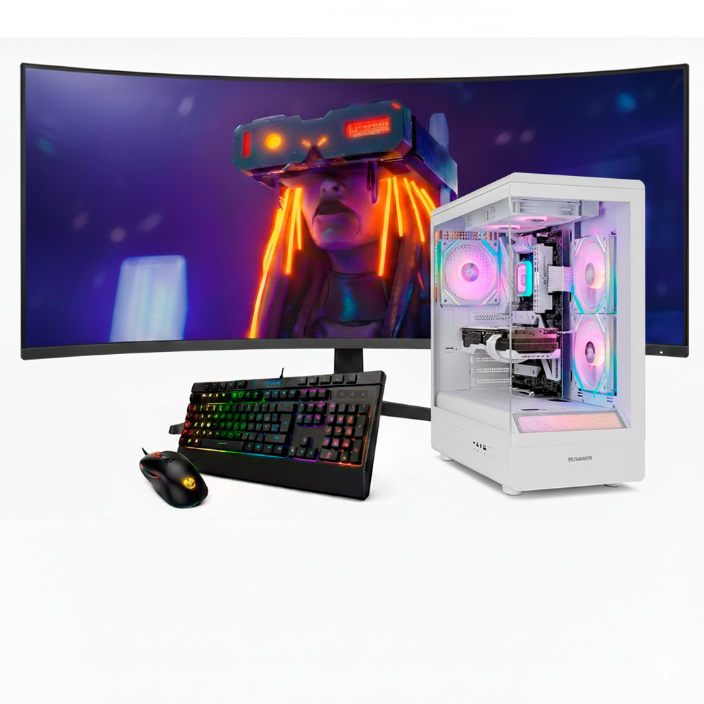 Un PC gaming blanco, teclado y ratón frente a un monitor curvo con imagen de RV.