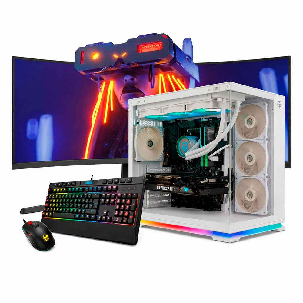 PC gaming con teclado, ratón y gafas VR frente a un monitor curvo.