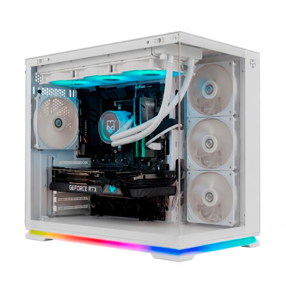 Una PC blanca con iluminación RGB, refrigeración líquida y tarjeta gráfica RTX.