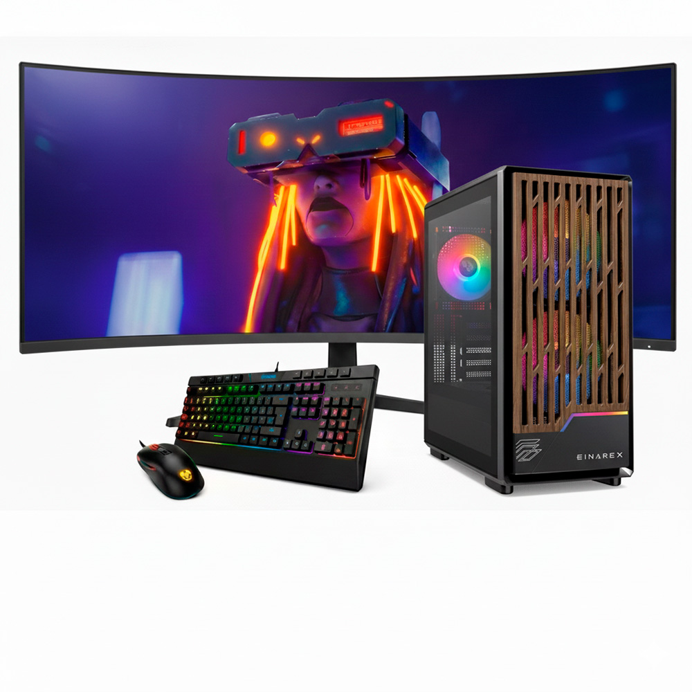 Monitor curvo con usuario de RV, PC gaming, teclado y ratón delante.