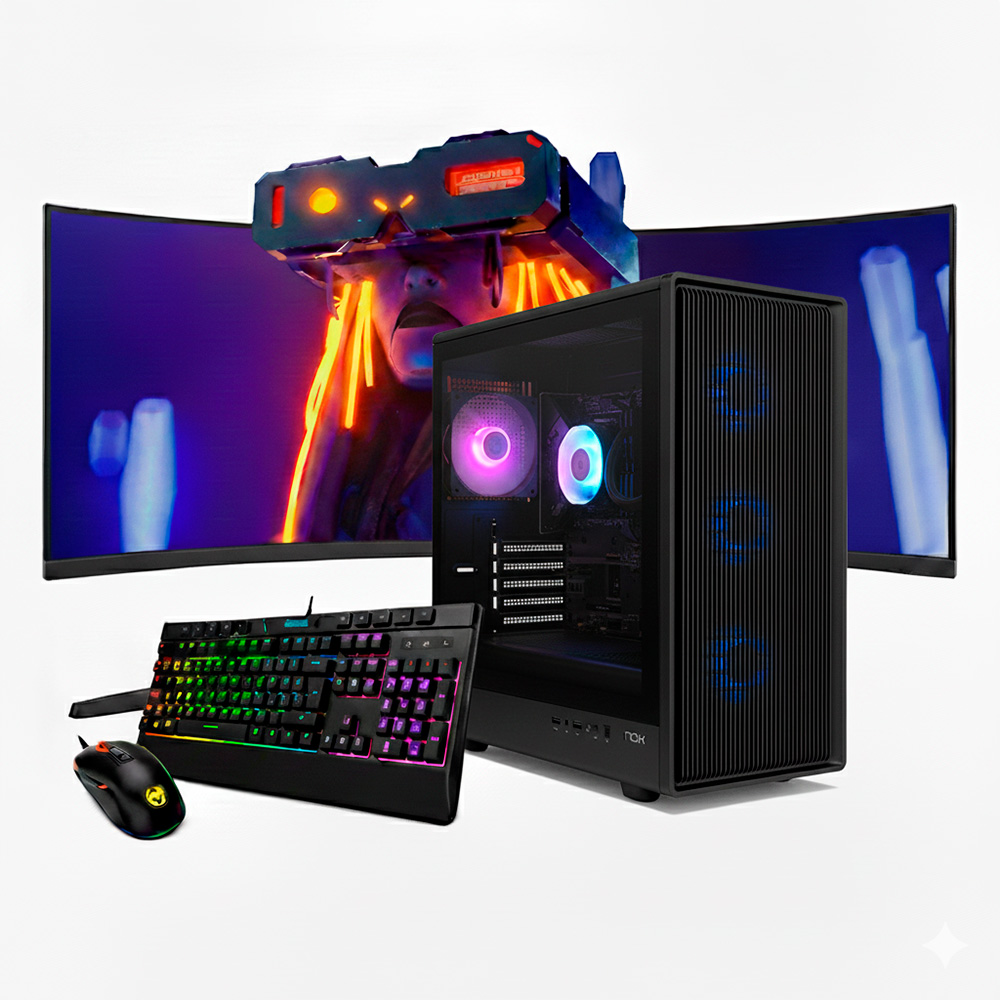 PC para juegos, teclado, ratón y casco de RV frente a un monitor curvo.