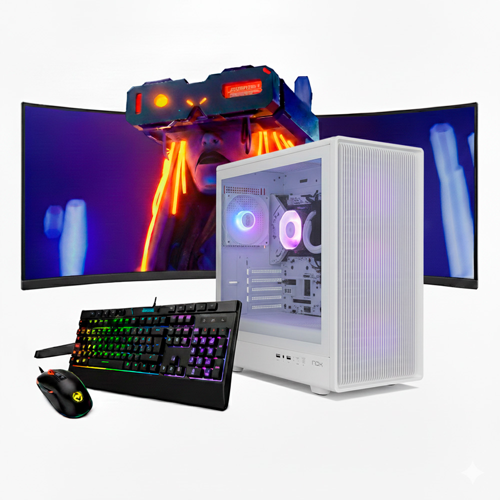Un PC gaming blanco con teclado y ratón frente a un monitor curvo con imagen VR.