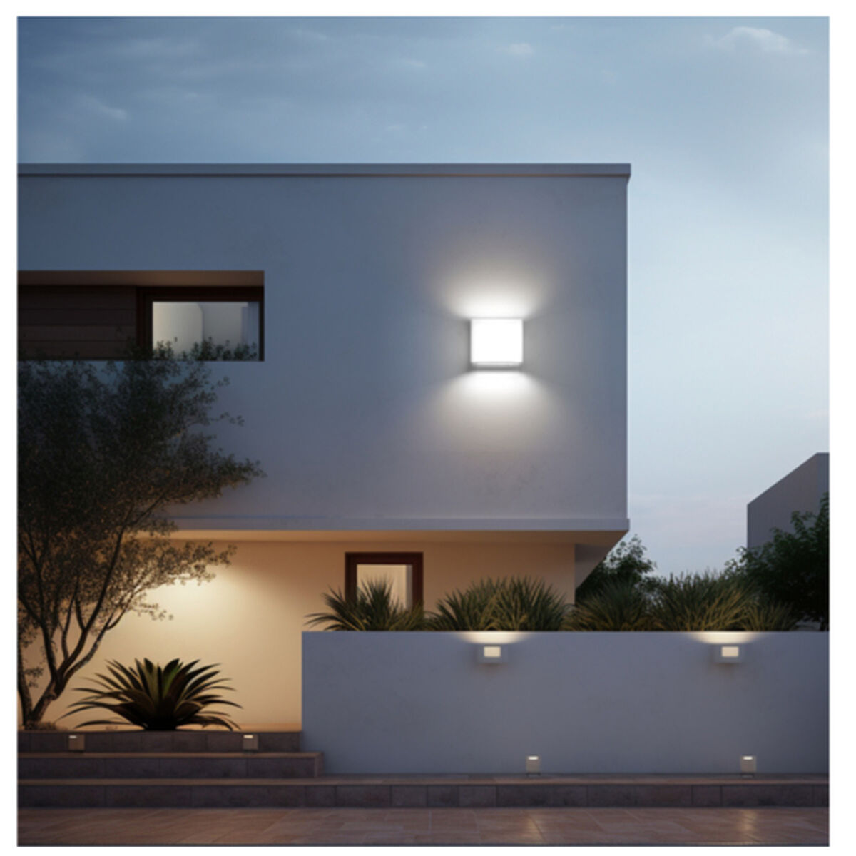 Edificio blanco moderno al anochecer con luces exteriores que iluminan plantas y escalones.