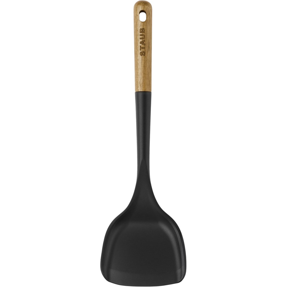 Ahşap saplı ve asma delikli siyah spatula. Sapında STAU kabartması bulunur.