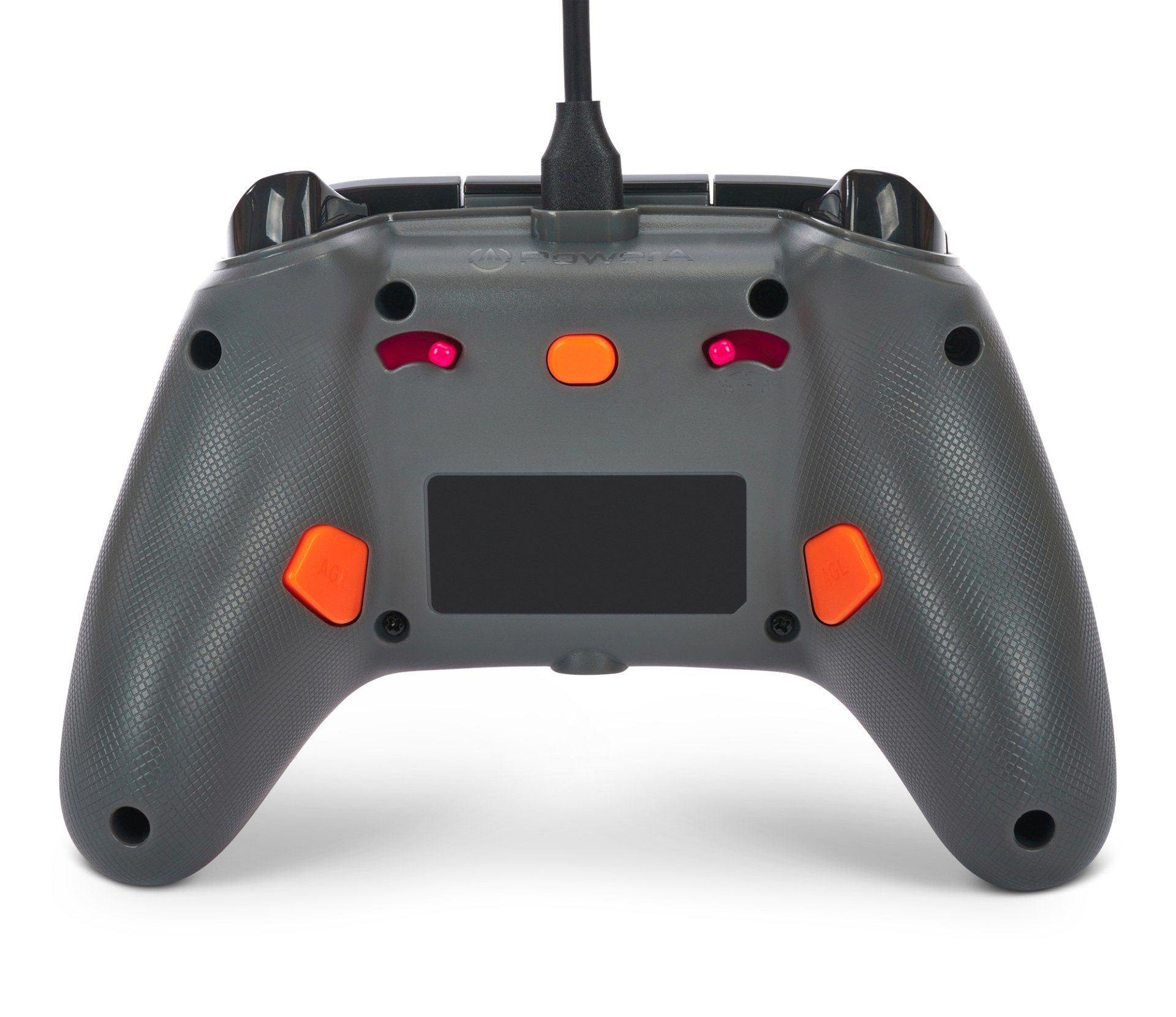 Controller di gioco grigio con pulsanti arancioni e LED rossi.