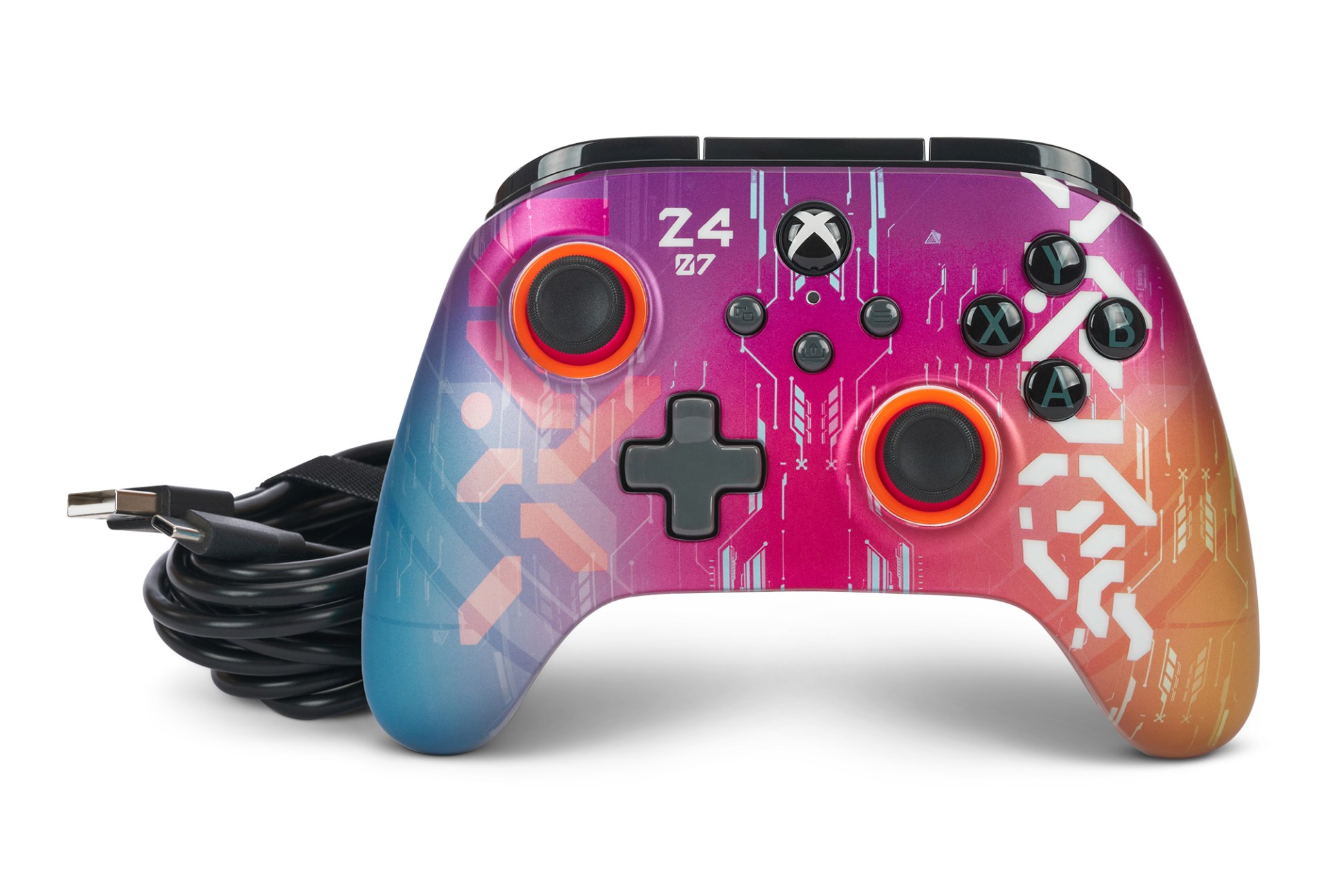 Un controller Xbox colorato con cavo, sfumato dal rosa al blu/arancio.