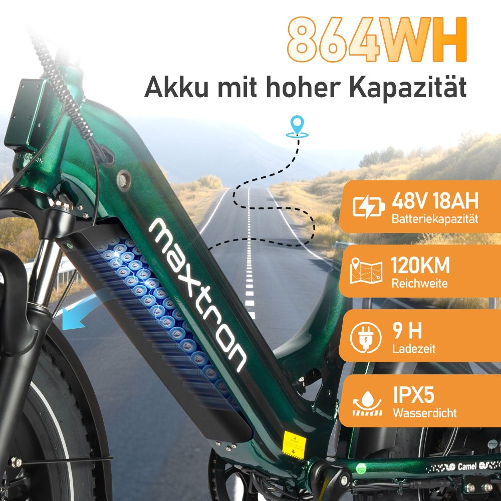 Bici elettrica verde con batteria visibile, strada e specifiche.