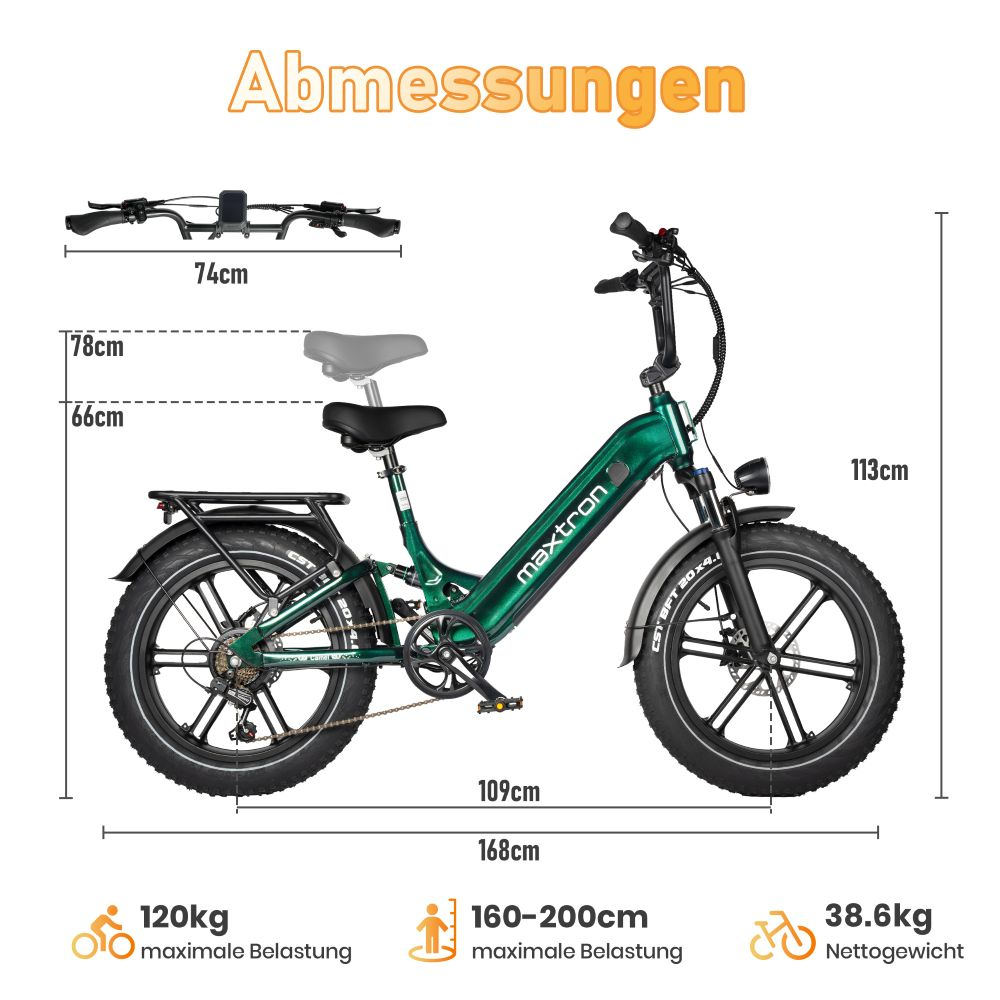 Dimensioni e-bike verde: 168cm L, 113cm A, 74cm larghezza manubrio, 66-78cm altezza sella.