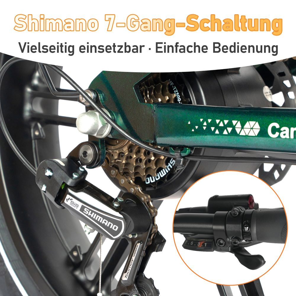 Sistema di cambio Shimano a 7 velocità con deragliatore e manettino.