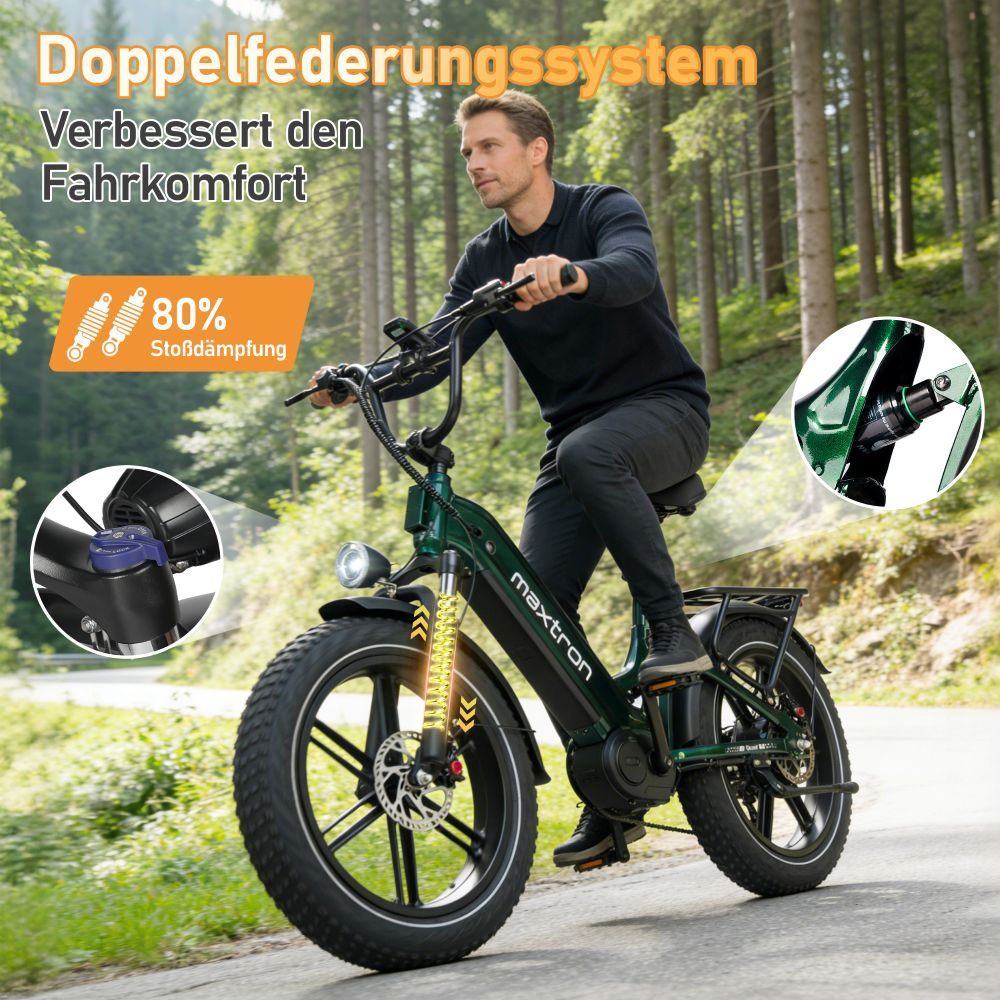 Uomo su e-bike verde con doppia sospensione nel bosco. Ingrandimenti ammortizzatori.