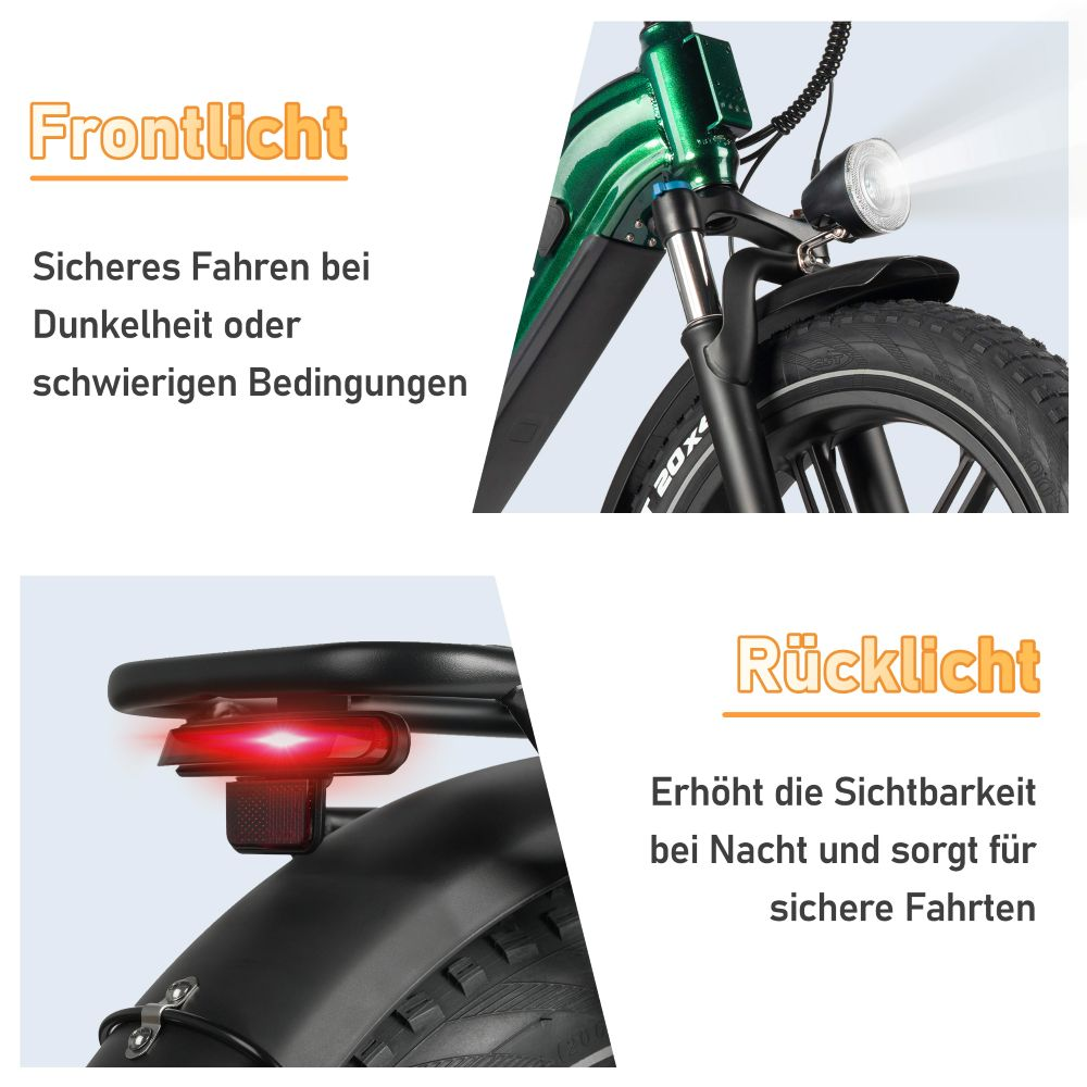 Luci anteriori e posteriori su una e-bike verde, per visibilità e sicurezza.