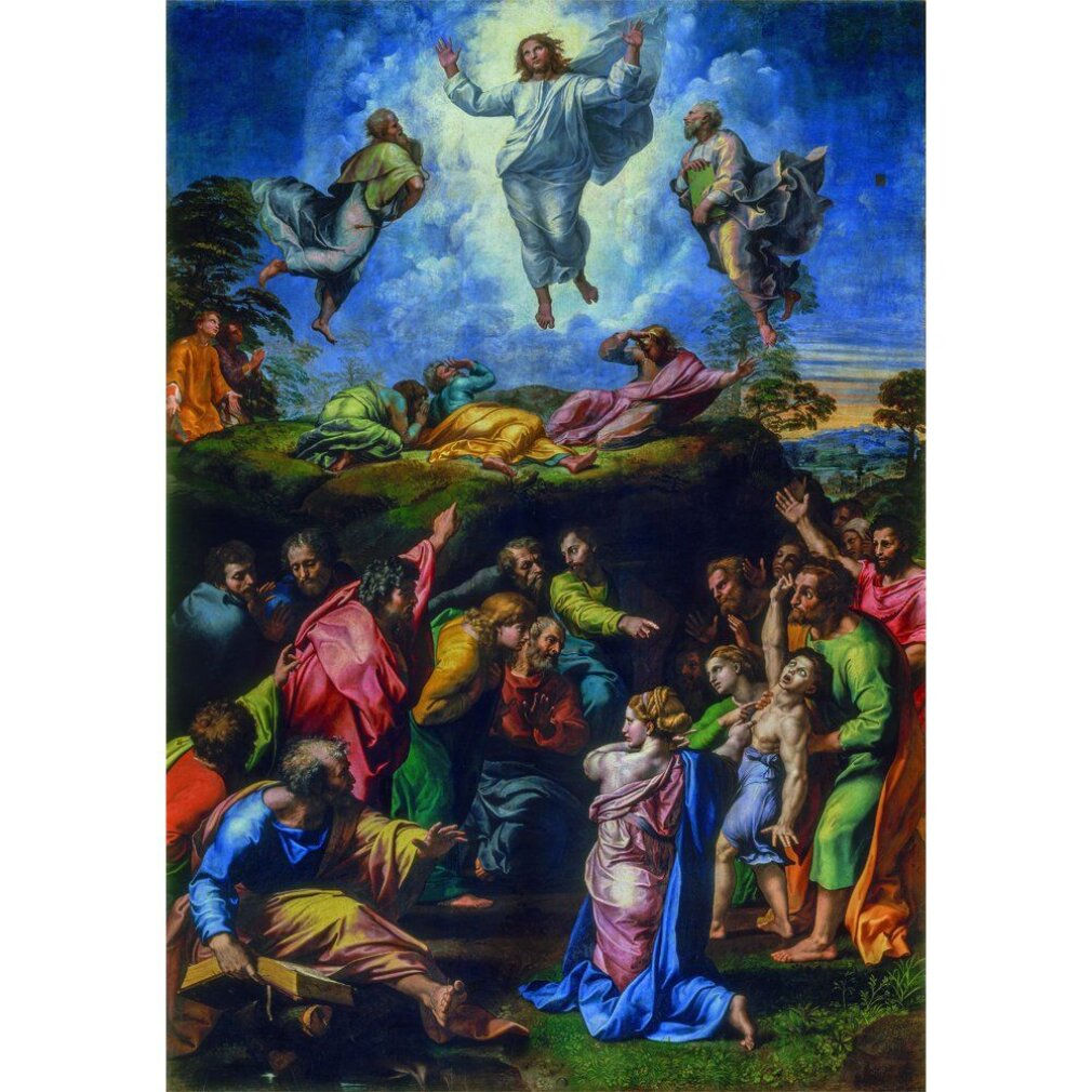 Jezus stijgt op naar de hemel, omringd door wolken en apostelen. Beneden verzamelt zich volk.