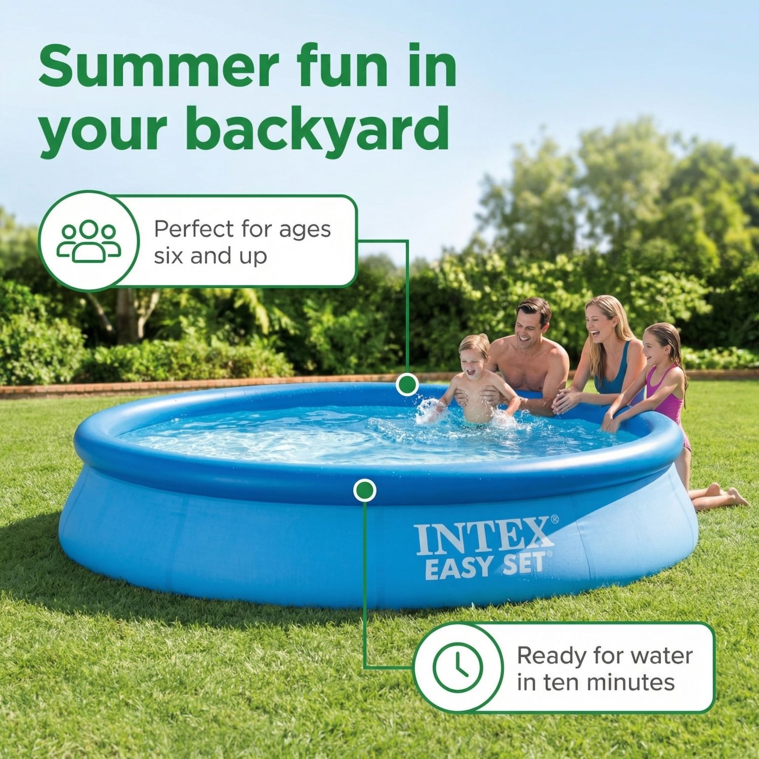 Familie spettert in blauw tuinzwembad. Perfect voor 6 jaar en ouder.