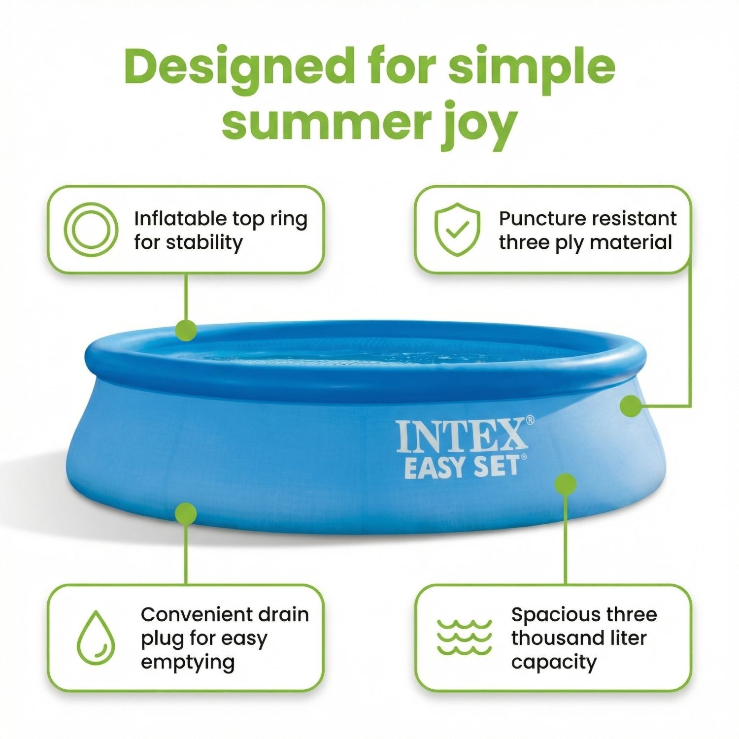 Blauw Intex Easy Set zwembad met kenmerken: opblaasbare bovenring, lekbestendig materiaal.
