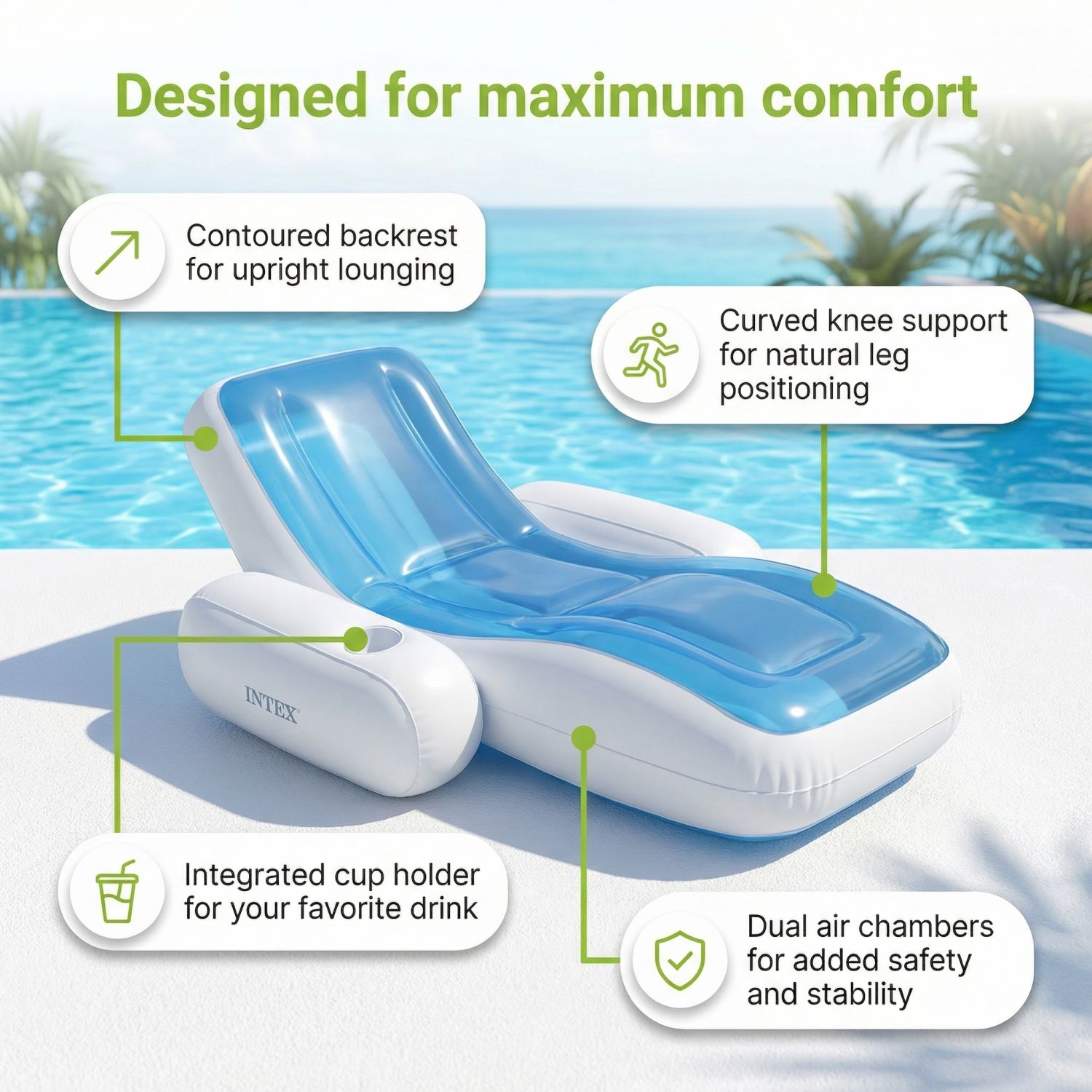 Opblaasbare lounger voor zwembad met bekerhouder, voorgevormde rugleuning, knieondersteuning en dubbele luchtkamers.
