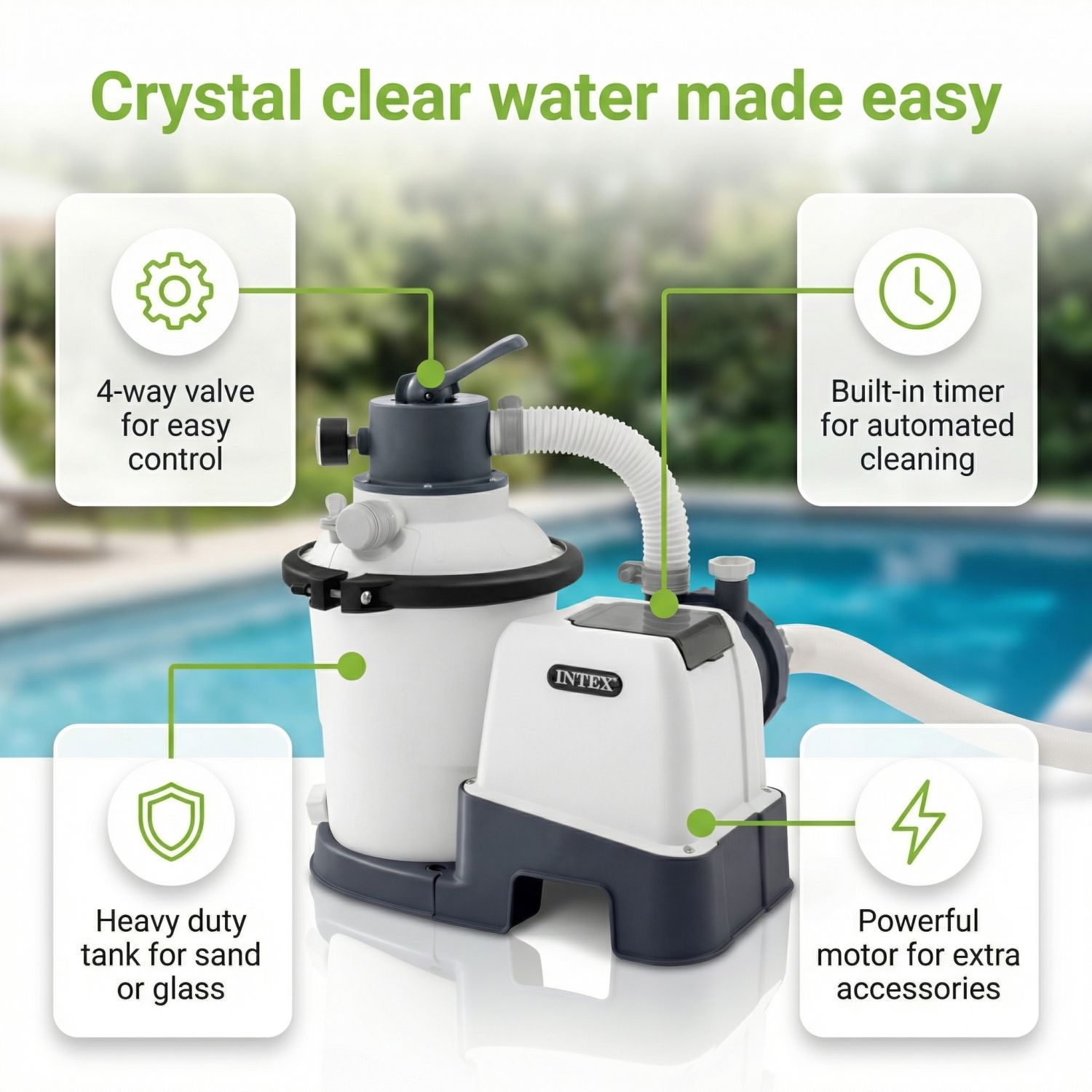INTEX zwembadfilter systeem met timer, 4-weg klep, zware tank en krachtige motor.
