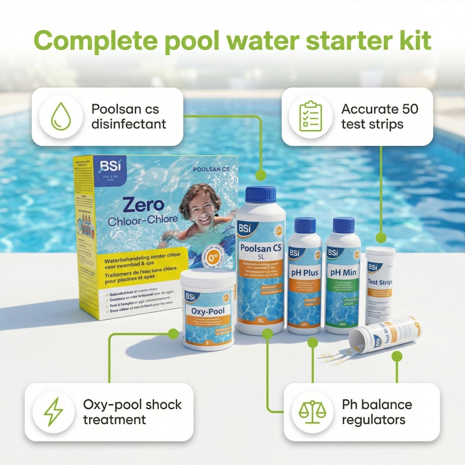 Complete starterkit voor zwembadwater met desinfectiemiddel, teststrips en pH-regulatoren.