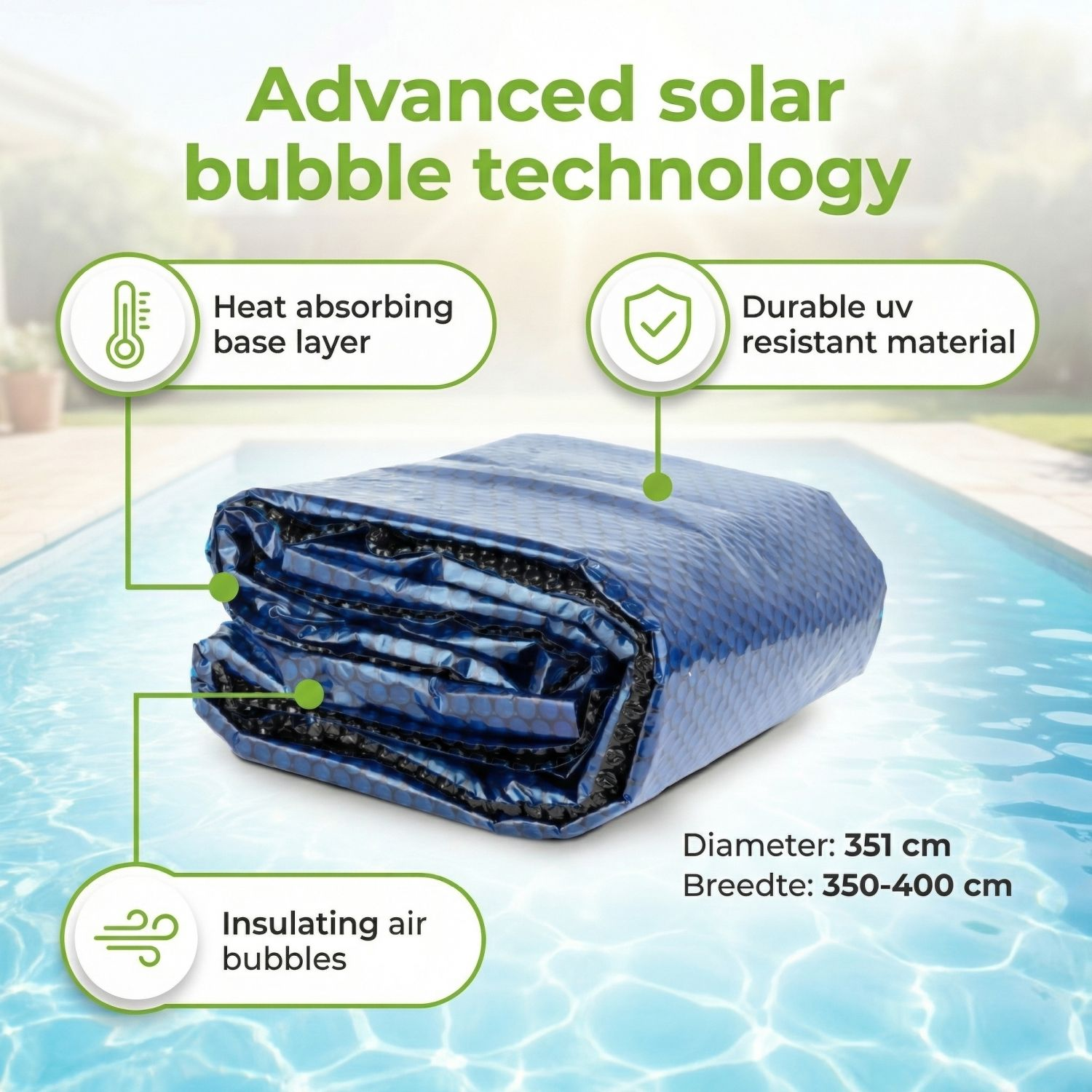 Blauwe solar zwembadafdekking met tekst over warmteabsorptie, UV-bestendigheid en luchtbellen.