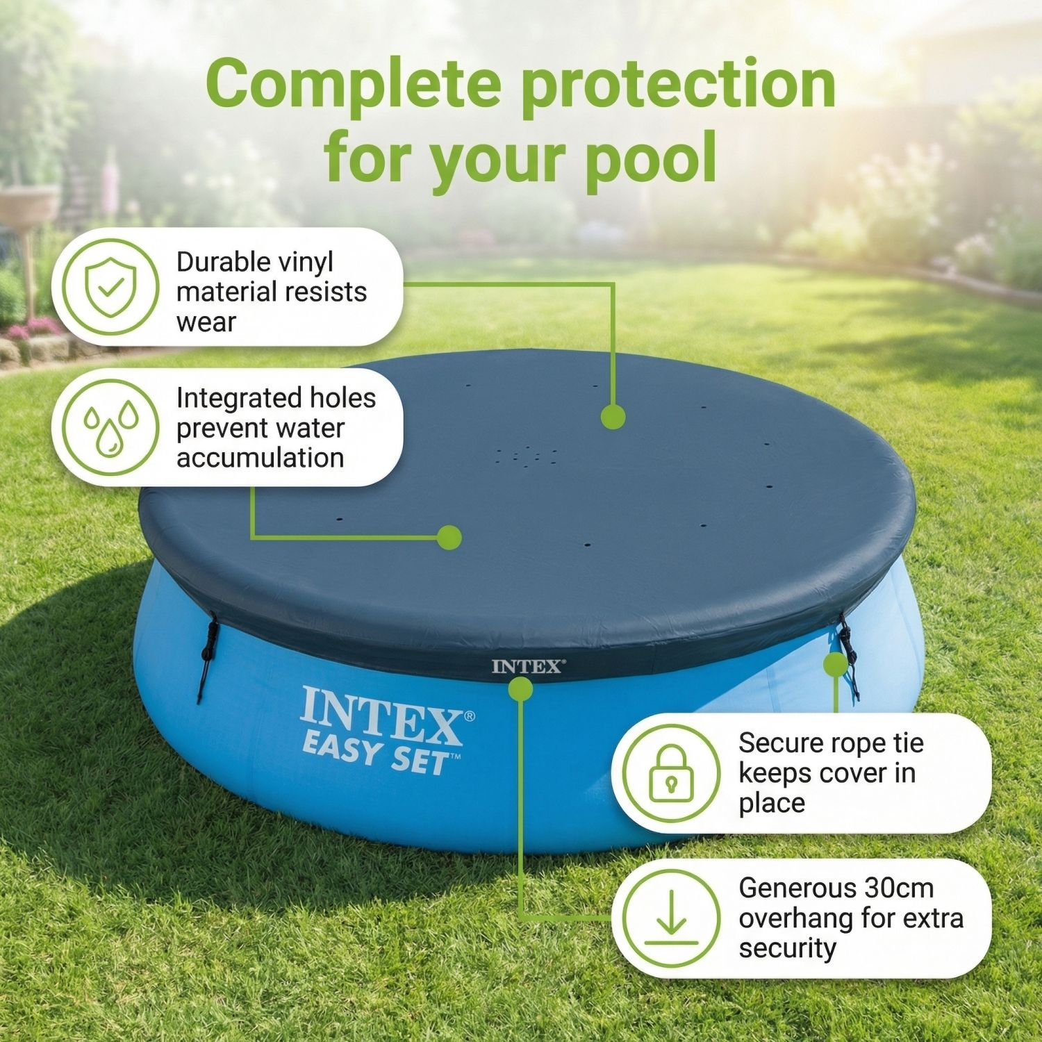 Een blauwe Intex Easy Set zwembadafdekking met donkerder zeil, op groen gras.