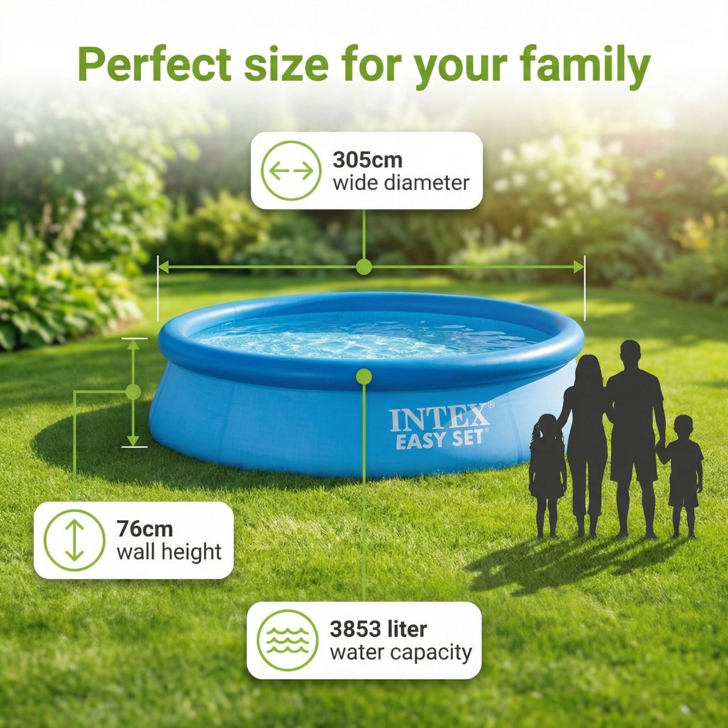 Blauw Intex Easy Set zwembad op gras, 305cm breed, 76cm hoog, 3853L inhoud. Familie silhouet.