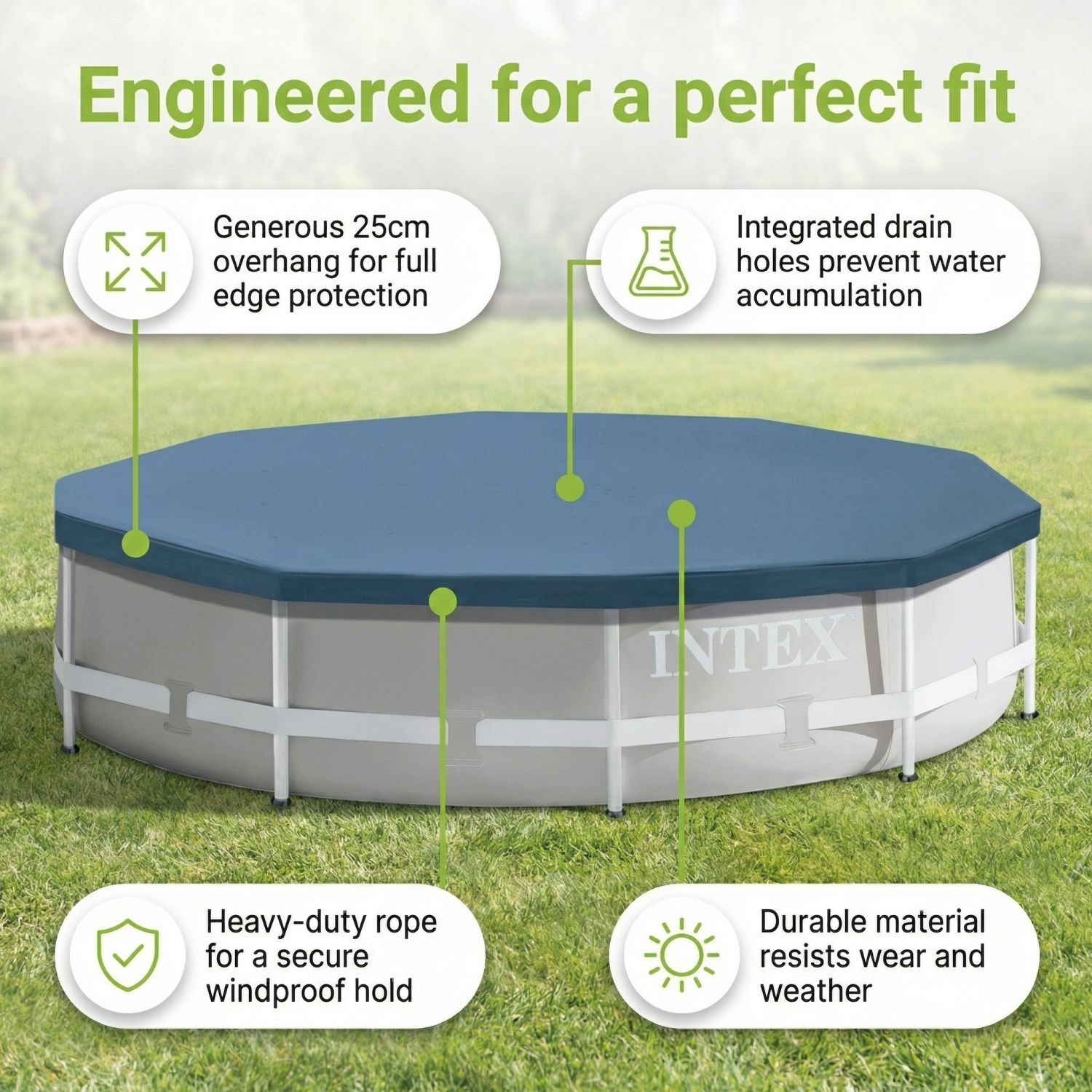 Een Intex zwembadafdekking met kenmerken zoals 25 cm overhang, afvoer gaten, touwsluiting en duurzaam materiaal.