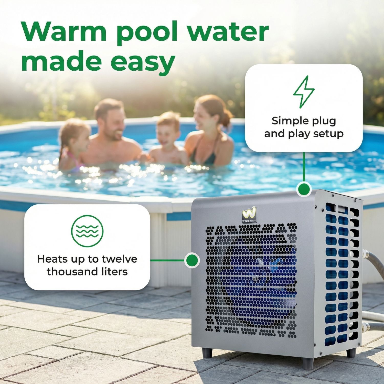Een familiezwembadverwarmer met tekst over capaciteit en eenvoudige installatie.